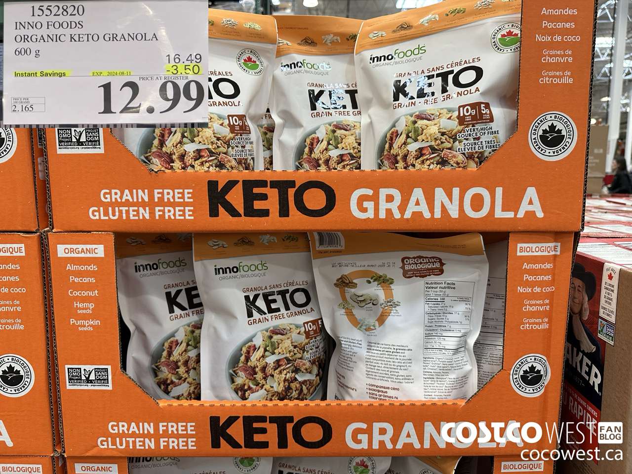 1552820 INNO FOODS ORGANIC KETO GRANOLA 600 g  ($3.50 INSTANT SAVINGS EXPIRES ON 2024-08-11) $12.99