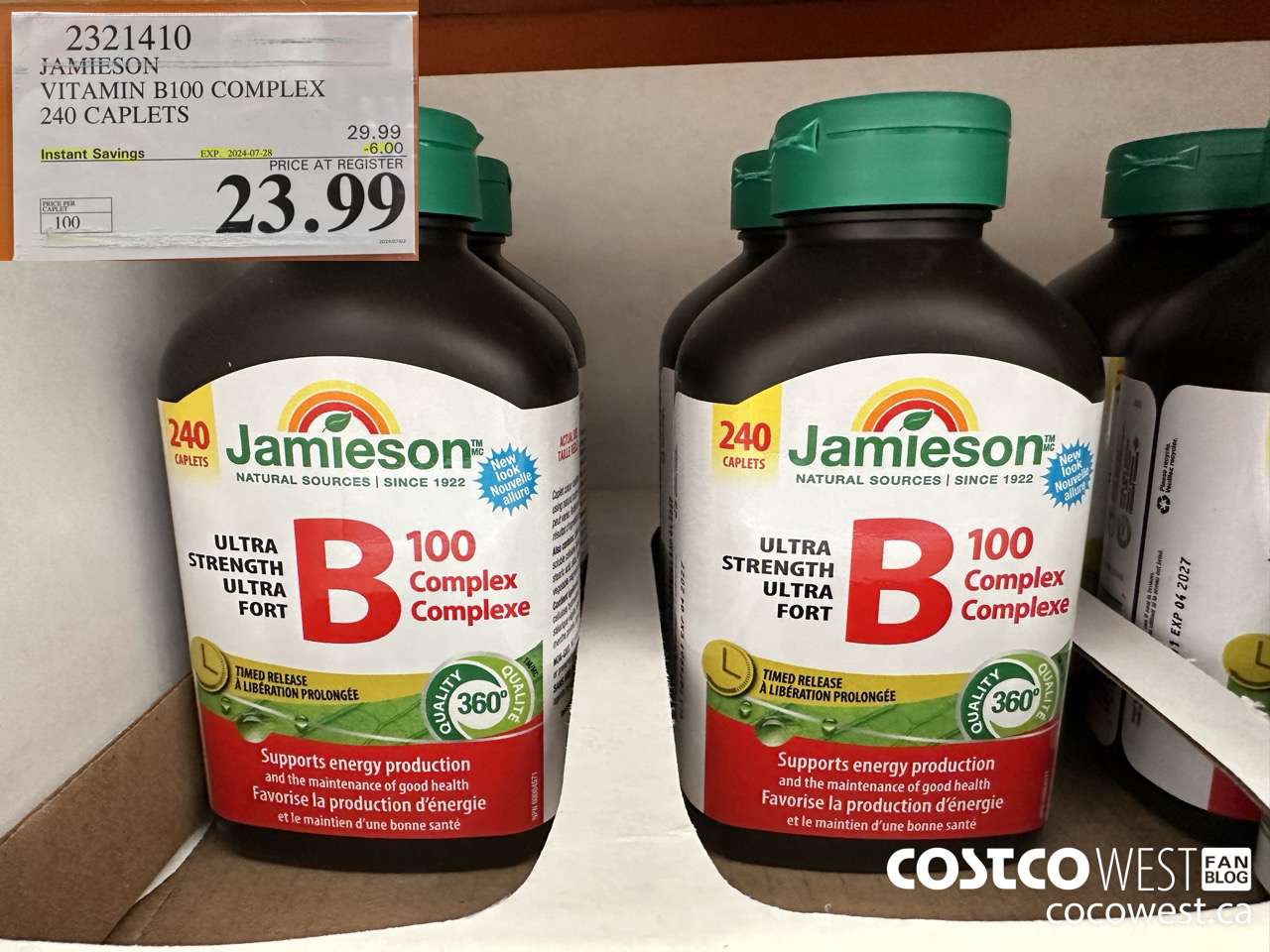 2321410 JAMIESON VITAMIN B100 COMPLEX 240 CAPLETS ($6.00 INSTANT SAVINGS EXPIRES ON 2024-07-28) $23.99