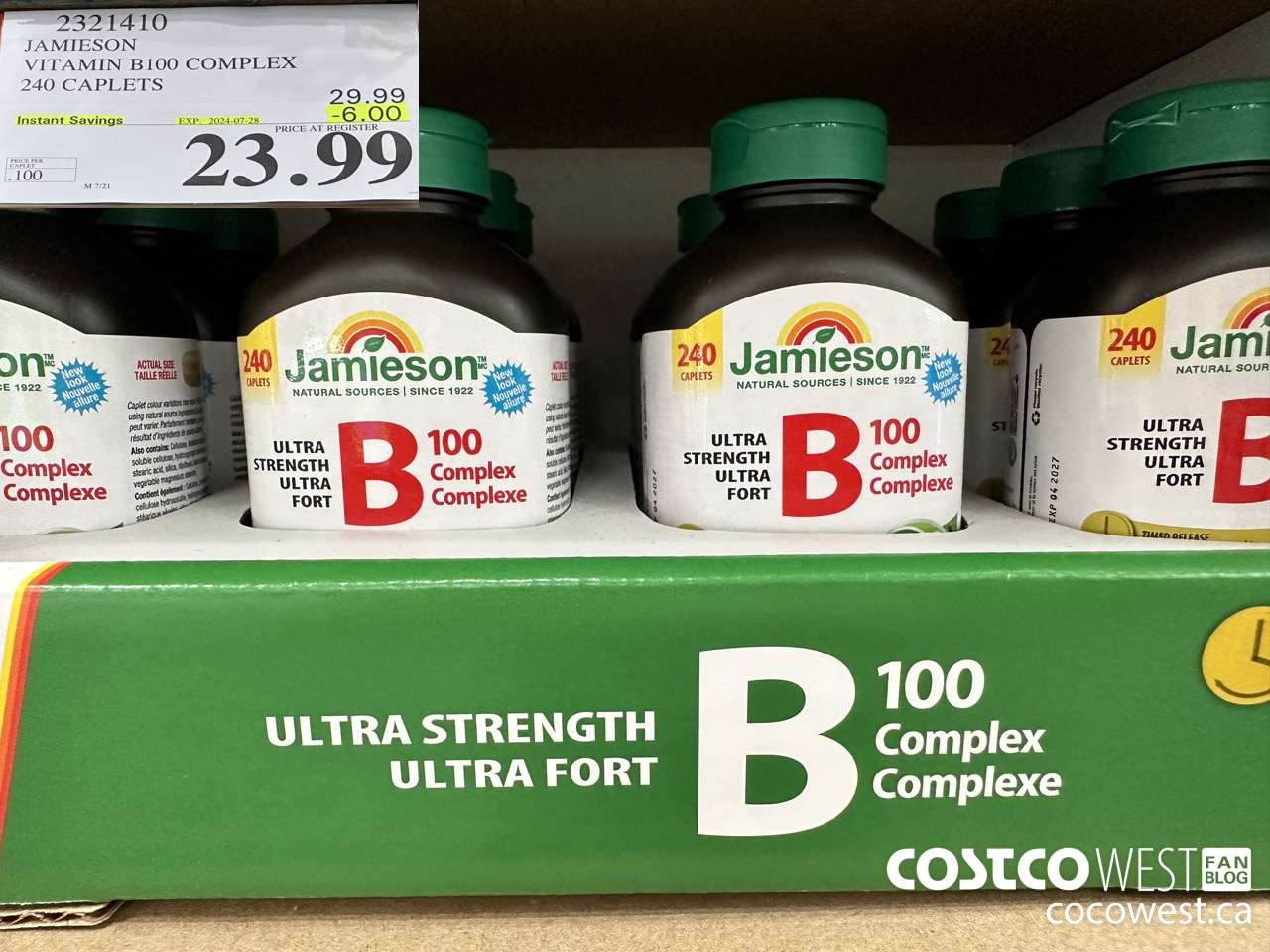 2321410 JAMIESON VITAMIN B100 COMPLEX 240 CAPLETS ($6.00 INSTANT SAVINGS EXPIRES ON 2024-07-28) $23.99
