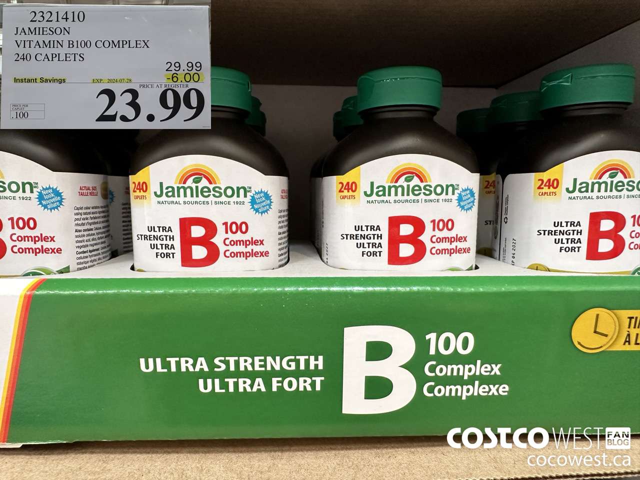 2321410 JAMIESON VITAMIN B100 COMPLEX 240 CAPLETS ($6.00 INSTANT SAVINGS EXPIRES ON 2024-07-28) $23.99
