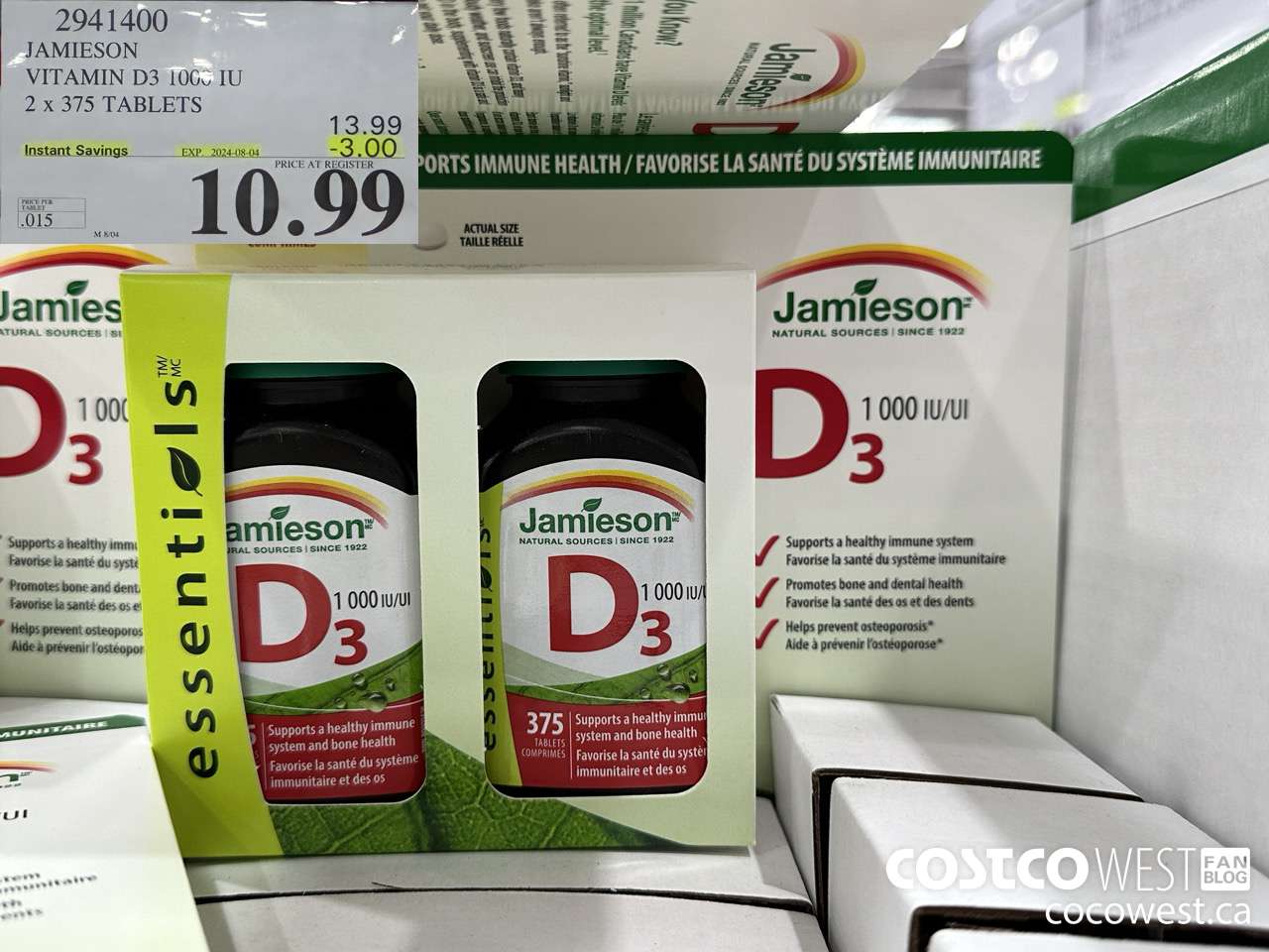 2941400 JAMIESON VITAMIN D3 1000IU 2X375 TABLETS ($3.00 INSTANT SAVINGS EXPIRES ON 2024-08-04) $10.99