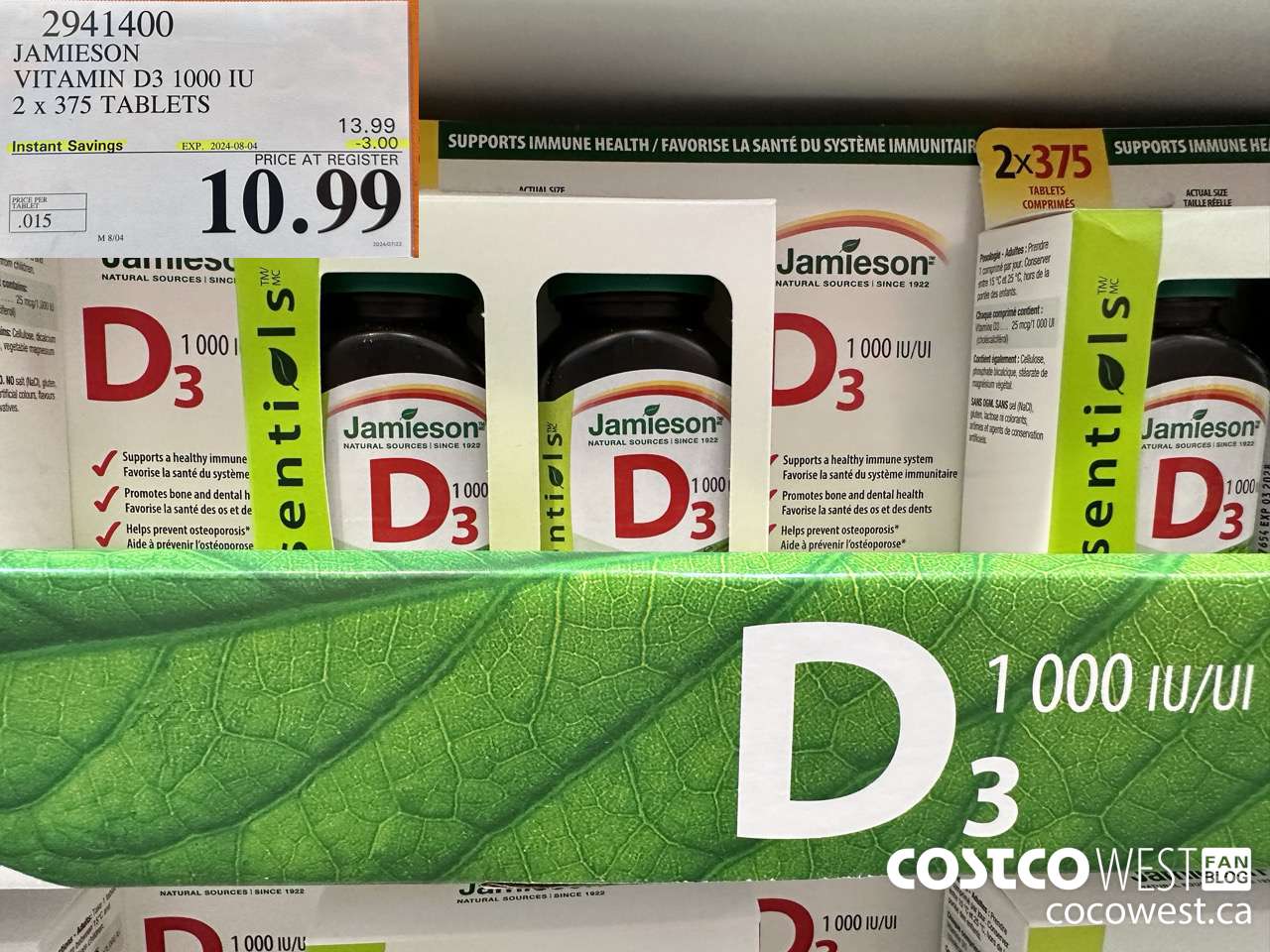 2941400 JAMIESON VITAMIN D3 1000IU 2X375 TABLETS ($3.00 INSTANT SAVINGS EXPIRES ON 2024-08-04) $10.99