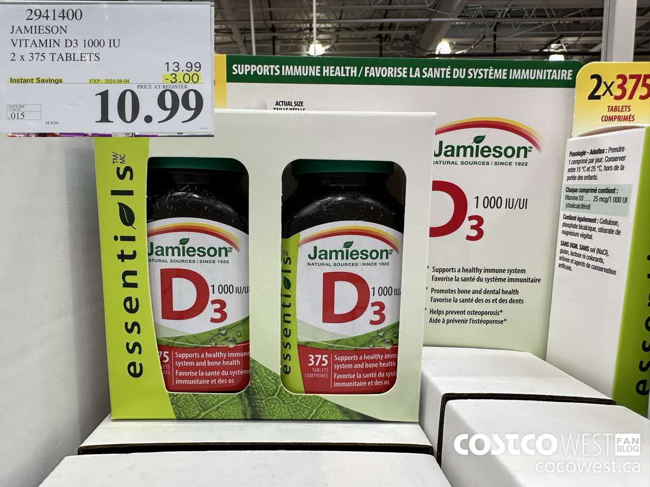 2941400 JAMIESON VITAMIN D3 1000IU 2X375 TABLETS ($3.00 INSTANT SAVINGS EXPIRES ON 2024-08-04) $10.99
