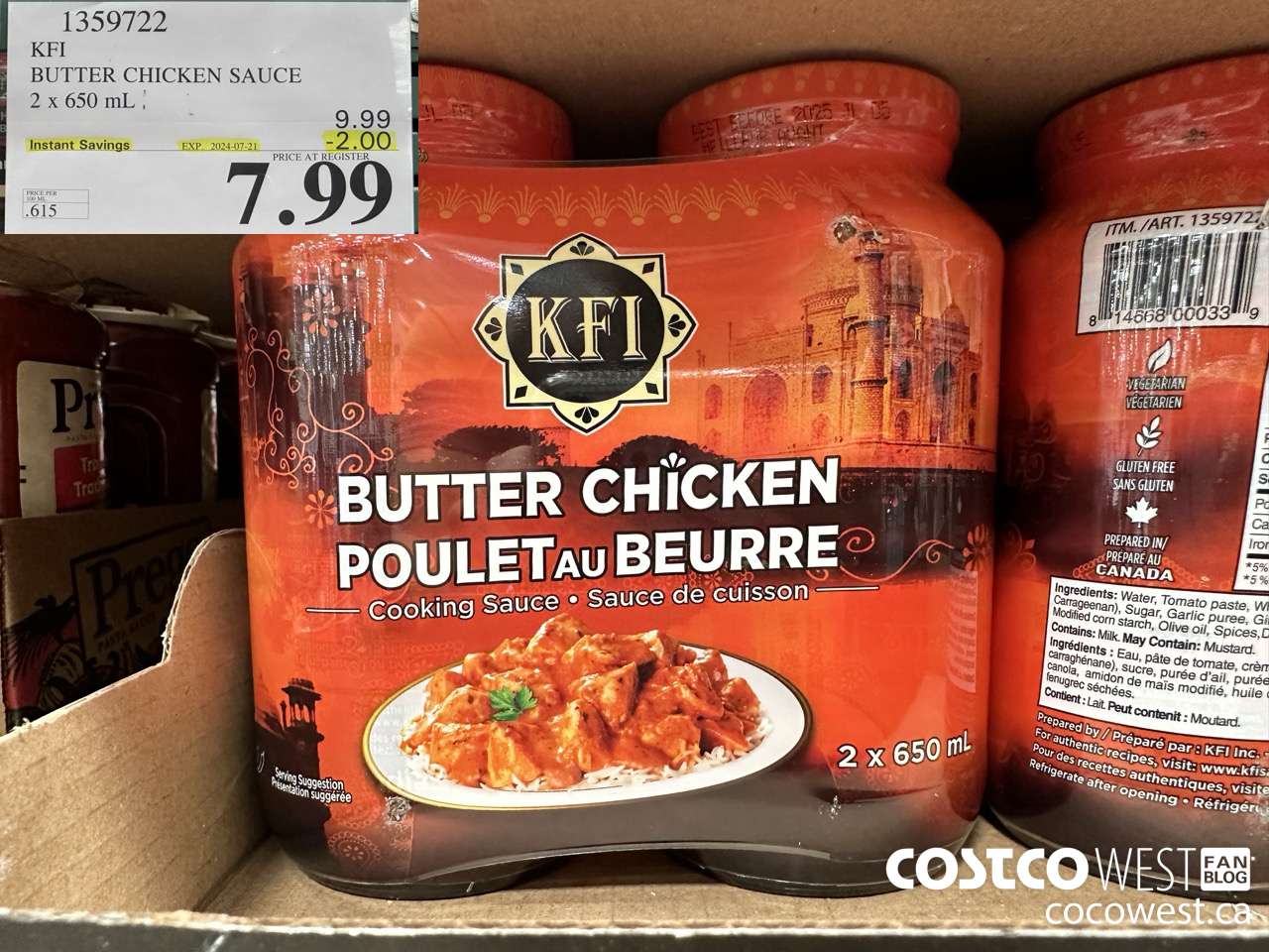 1359722 KFI BUTTER CHICKEN SAUCE 2 x 650 mL ($2.00 INSTANT SAVINGS EXPIRES ON 2024-07-21) $7.99