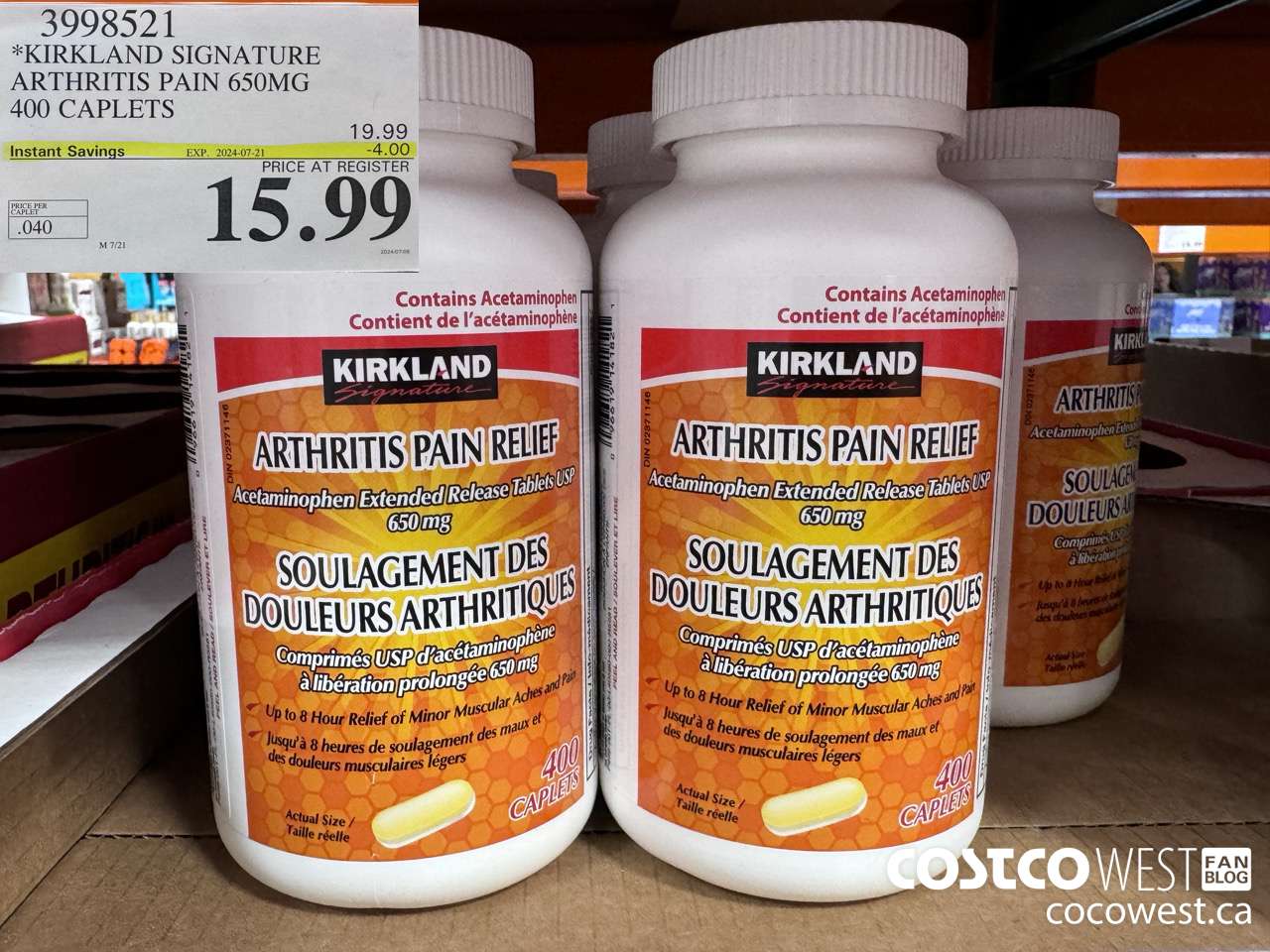 3998521 KIRKLAND SIGNATURE ARTHRITIS PAIN 650MG 400 CAPLETS ($4.00 INSTANT SAVINGS EXPIRES ON 2024-07-21) $15.99