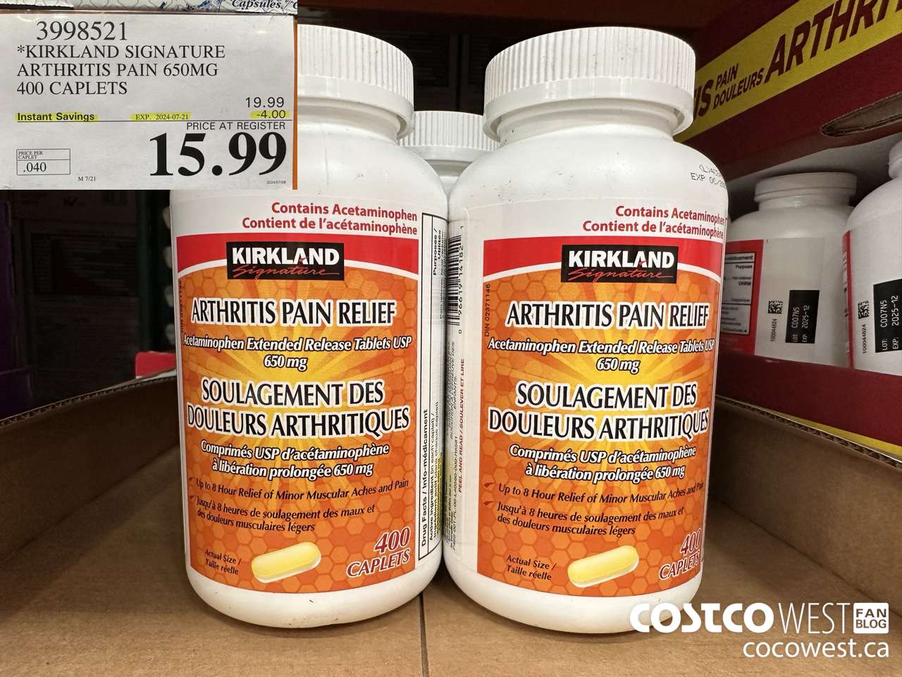 3998521 KIRKLAND SIGNATURE ARTHRITIS PAIN 650MG 400 CAPLETS ($4.00 INSTANT SAVINGS EXPIRES ON 2024-07-21) $15.99