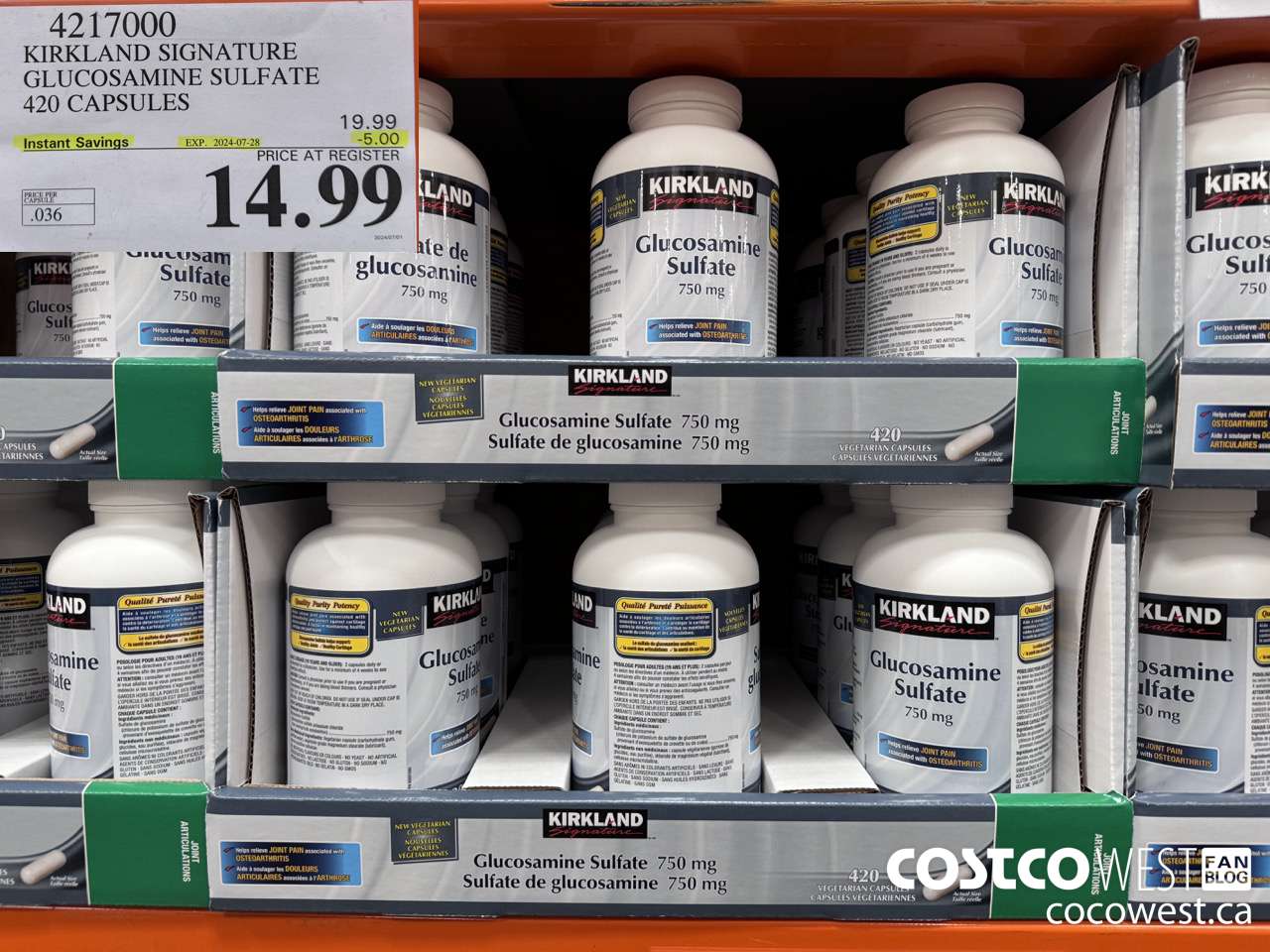 4217000 KIRKLAND SIGNATURE GLUCOSAMINE SULFATE 420 CAPSULES ($5.00 INSTANT SAVINGS EXPIRES ON 2024-07-28) $14.99