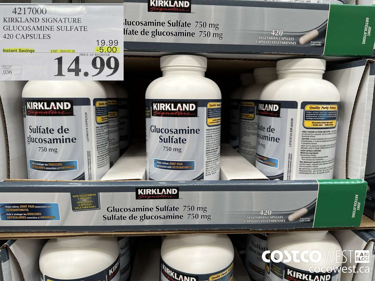 4217000 KIRKLAND SIGNATURE GLUCOSAMINE SULFATE 420 CAPSULES ($5.00 INSTANT SAVINGS EXPIRES ON 2024-07-28) $14.99