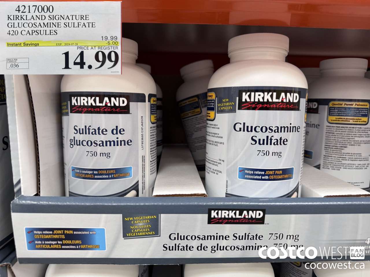4217000 KIRKLAND SIGNATURE GLUCOSAMINE SULFATE 420 CAPSULES ($5.00 INSTANT SAVINGS EXPIRES ON 2024-07-28) $14.99