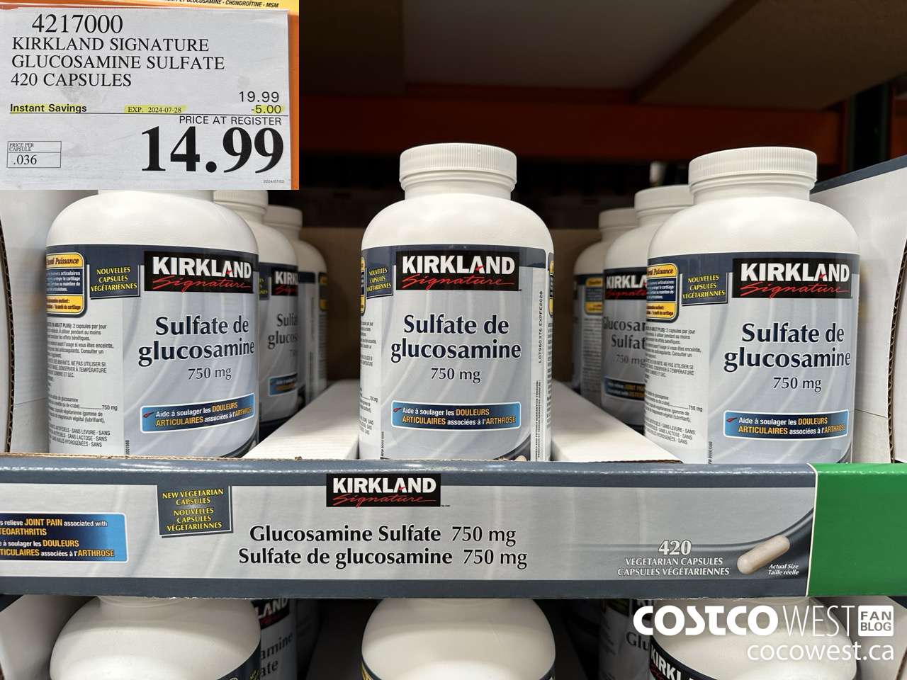 4217000 KIRKLAND SIGNATURE GLUCOSAMINE SULFATE 420 CAPSULES ($5.00 INSTANT SAVINGS EXPIRES ON 2024-07-28) $14.99