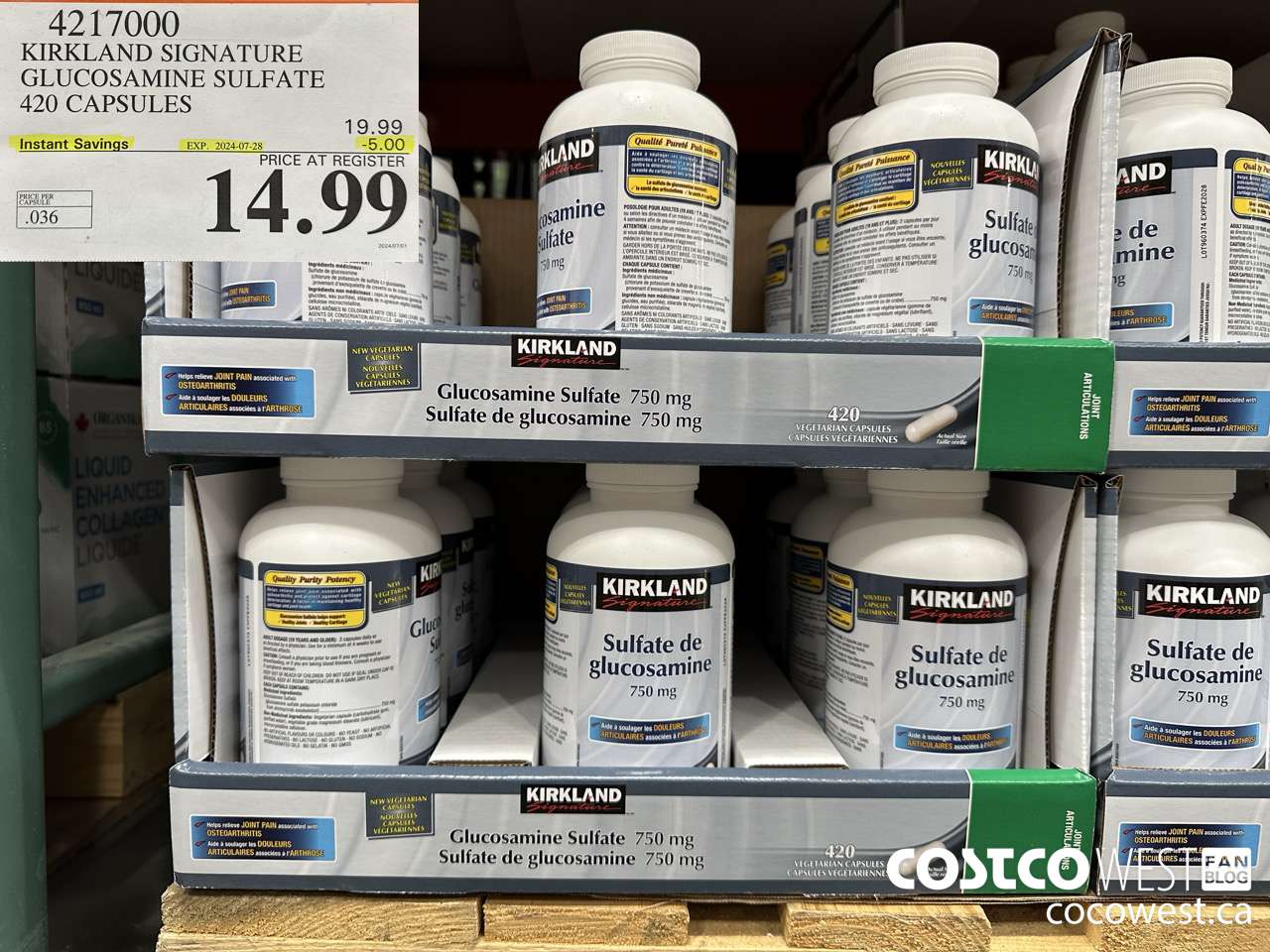 4217000 KIRKLAND SIGNATURE GLUCOSAMINE SULFATE 420 CAPSULES ($5.00 INSTANT SAVINGS EXPIRES ON 2024-07-28) $14.99