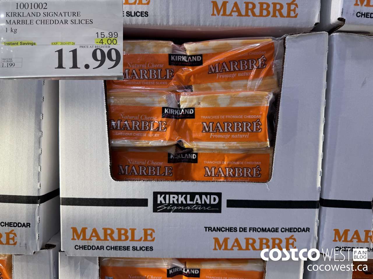 1001002 KIRKLAND SIGNATURE MARBLE CHEDDAR SLICES 1KG ($4.00 INSTANT SAVINGS EXPIRES ON 2024-07-28) $11.99