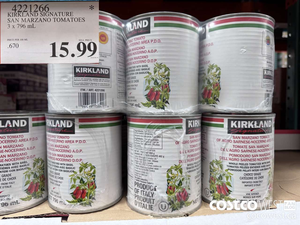 4221266 KIRKLAND SIGNATURE SAN MARZANO TOMATOES 3 X 796 ML $15.99