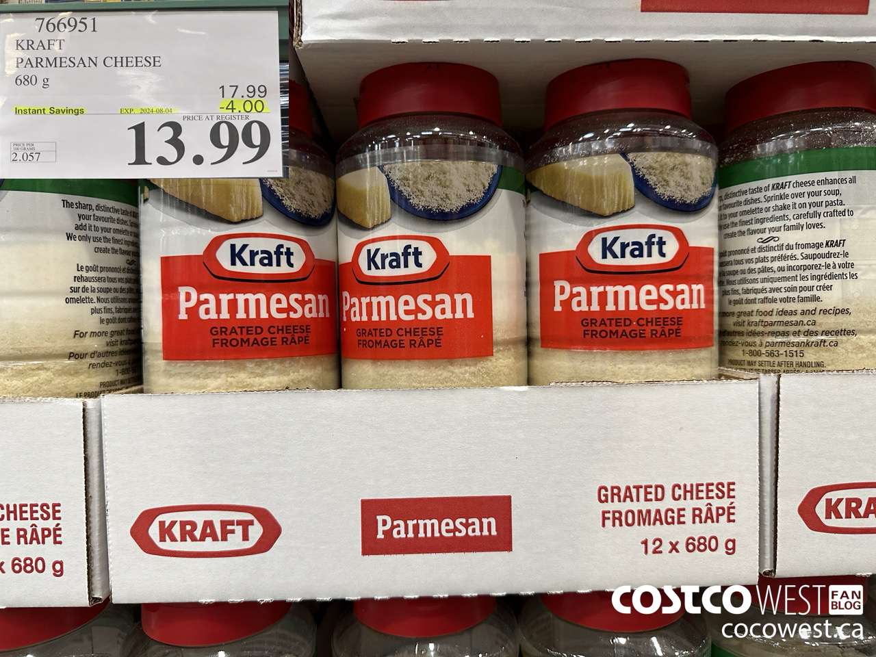 766951 KRAFT PARMESAN CHEESE 680 g ($4.00 INSTANT SAVINGS EXPIRES ON 2024-08-04) $13.99
