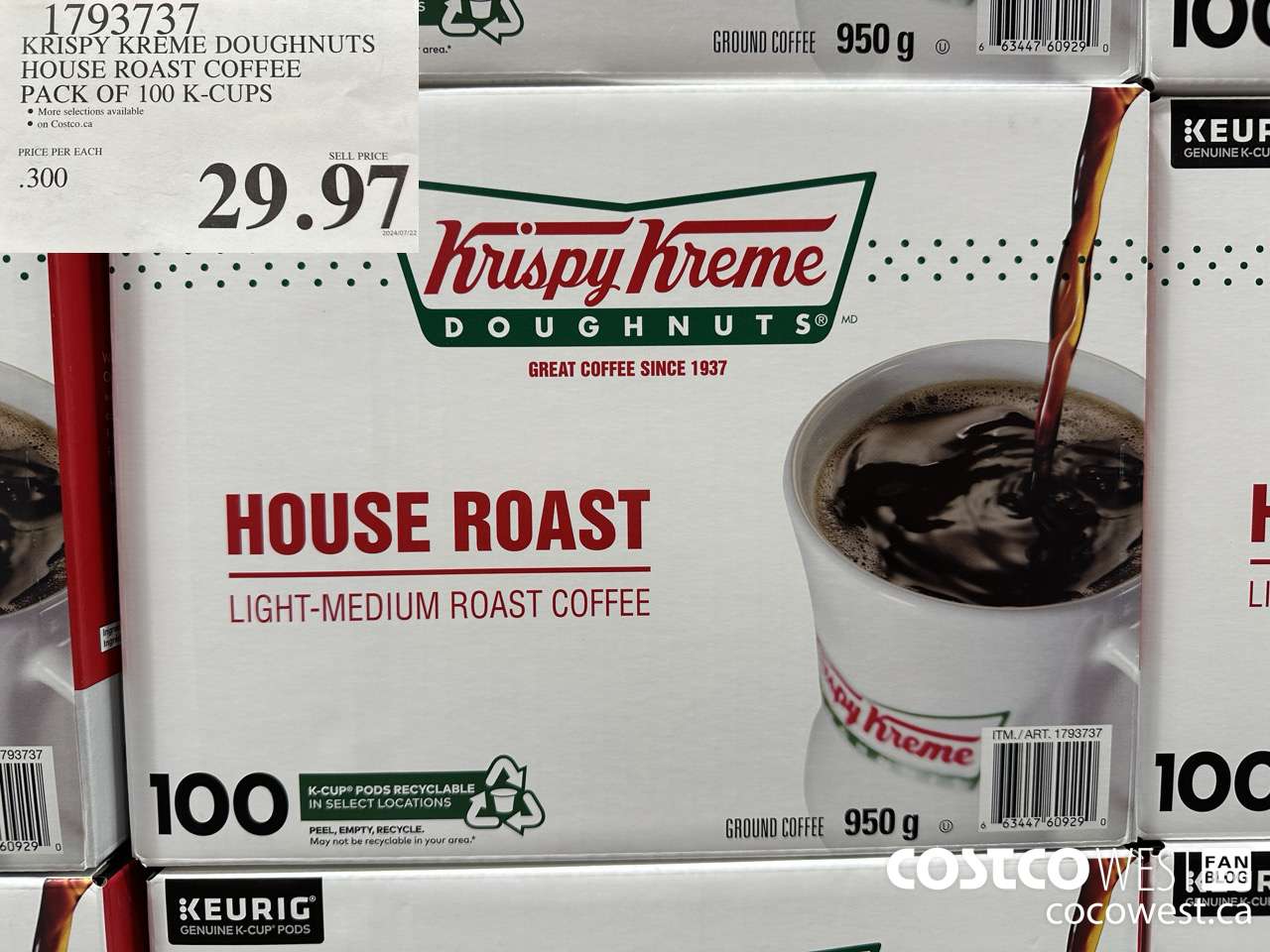 1793737 KRISPY KREME DOUGHNUTS HOUSE ROAST COFFEE PACK OF 100 K-CUPS $29.97