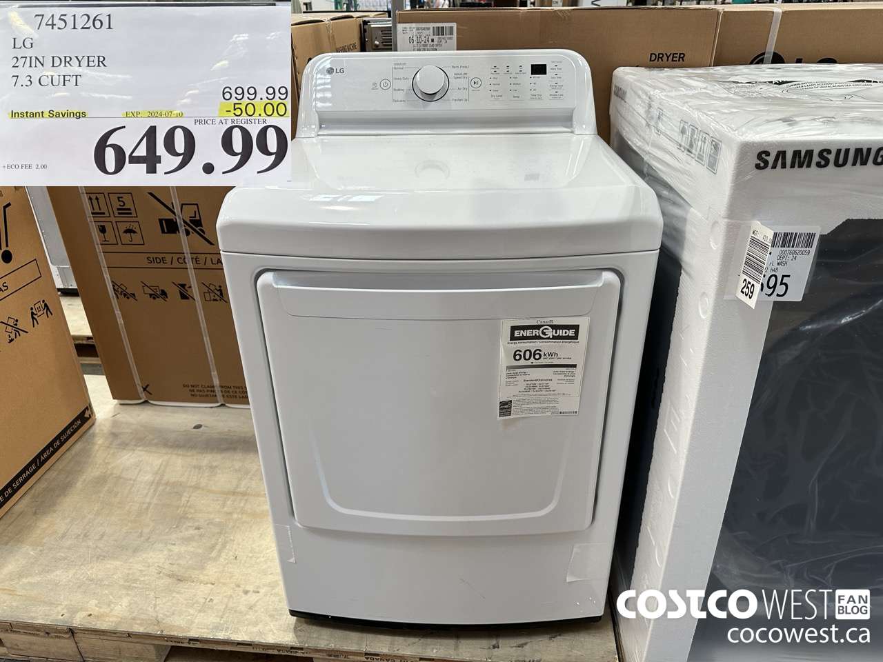 7451261 LG 27IN 7.3 CU. FT DRYER ($50.00 INSTANT SAVINGS EXPIRES ON 2024-07-10) $649.99