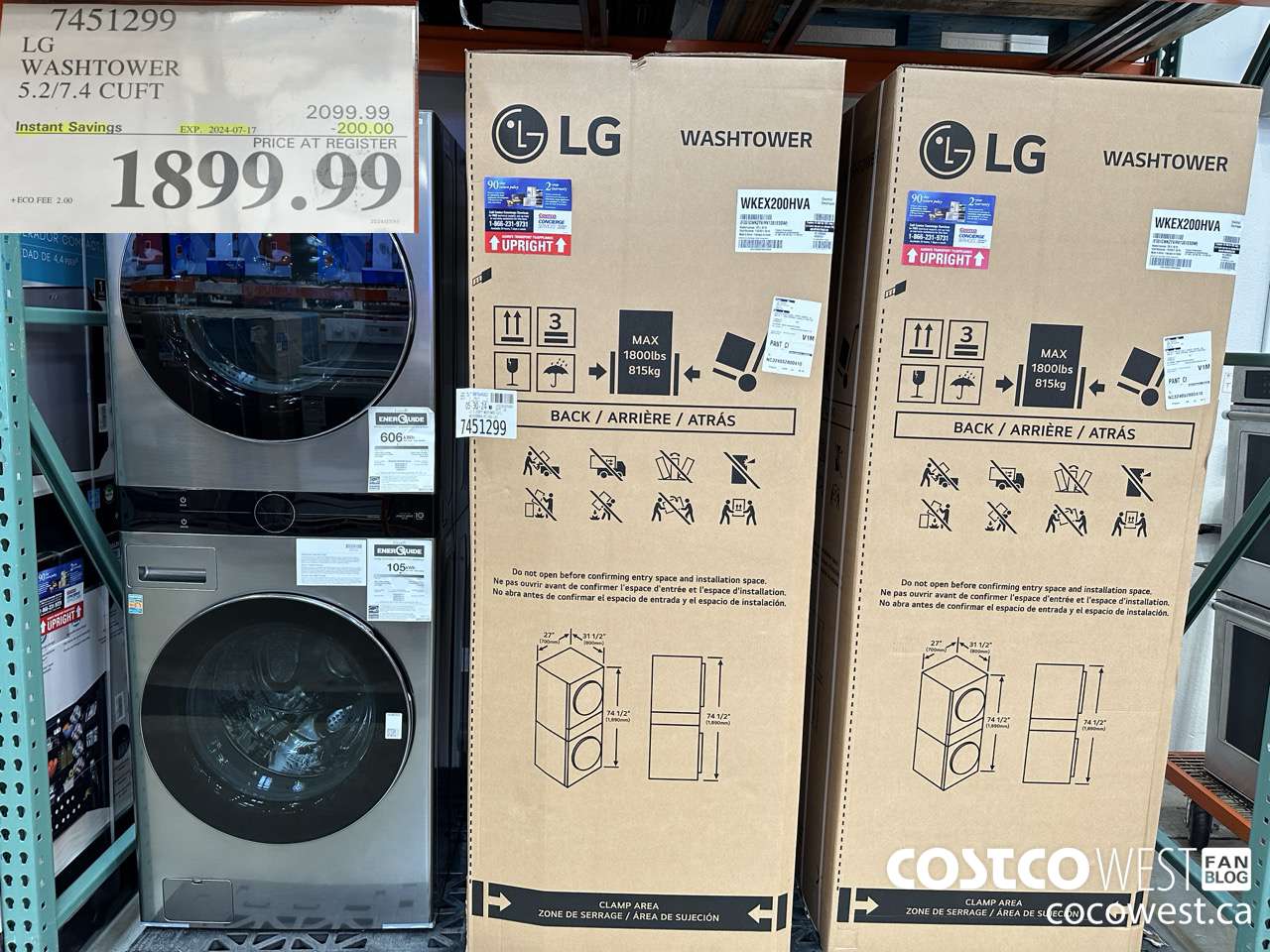 7451299 LG WASHTOWER 5.2/7.4 CUFT ($200.00 INSTANT SAVINGS EXPIRES ON 2024-07-17) $1899.99