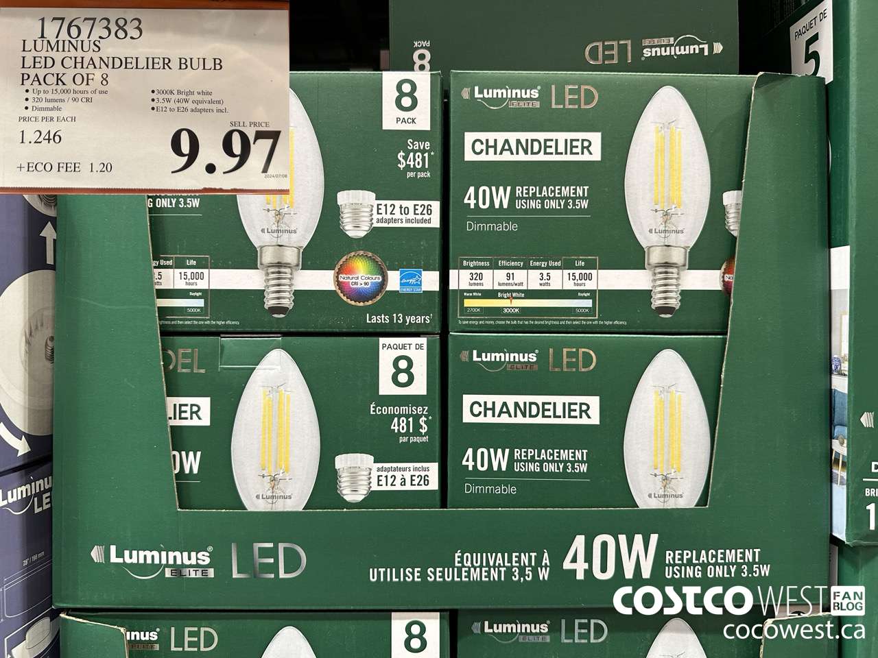 1767383 LUMINUS LED CHANDELIER BULB PACK OF 8 $9.97