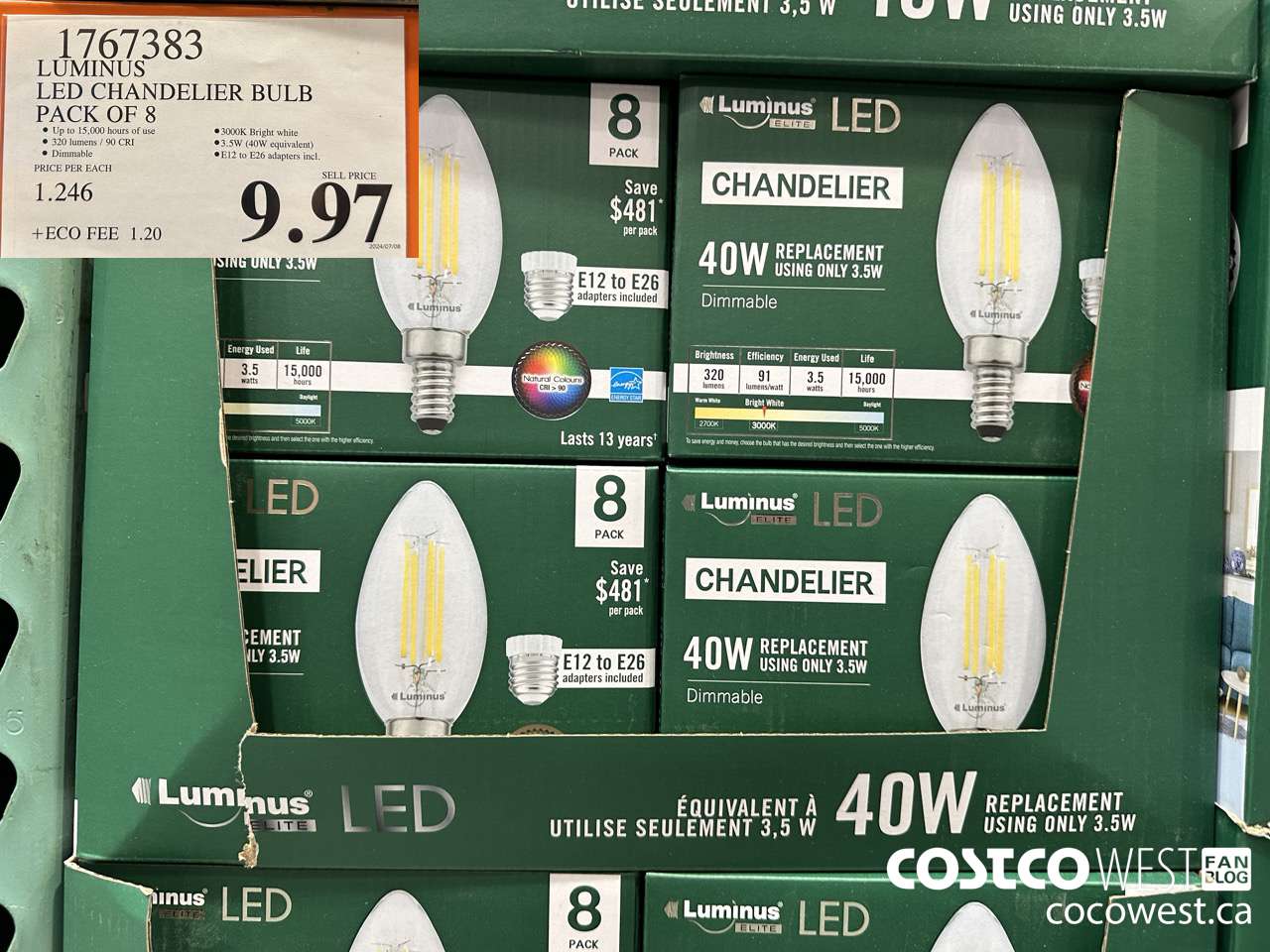 1767383 LUMINUS LED CHANDELIER BULB PACK OF 8 $9.97