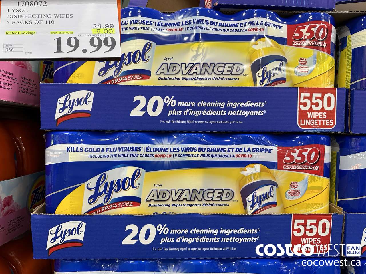 1708072 LYSOL DISINFECTING WIPES 5 X 110 WIPES ($5.00 INSTANT SAVINGS EXPIRES ON 2024-07-21) $19.99