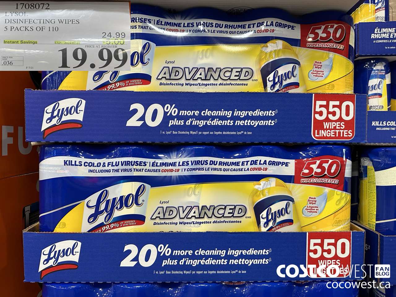1708072 LYSOL DISINFECTING WIPES 5 X 110 WIPES ($5.00 INSTANT SAVINGS EXPIRES ON 2024-07-21) $19.99
