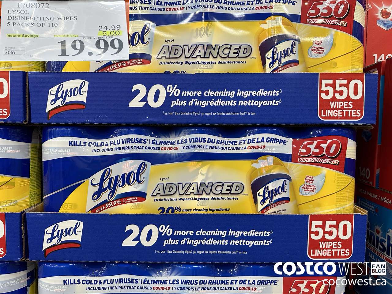1708072 LYSOL DISINFECTING WIPES 5 X 110 WIPES ($5.00 INSTANT SAVINGS EXPIRES ON 2024-07-21) $19.99