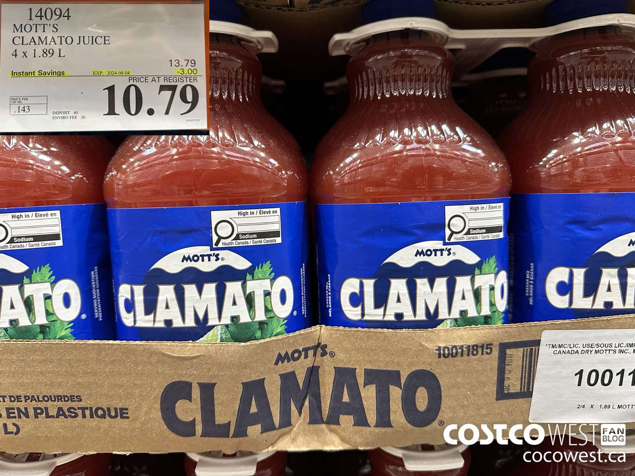 14094 MOTTS CLAMATO JUICE 4 X 1.89 L ($3.00 INSTANT SAVINGS EXPIRES ON 2024-08-04) $10.79