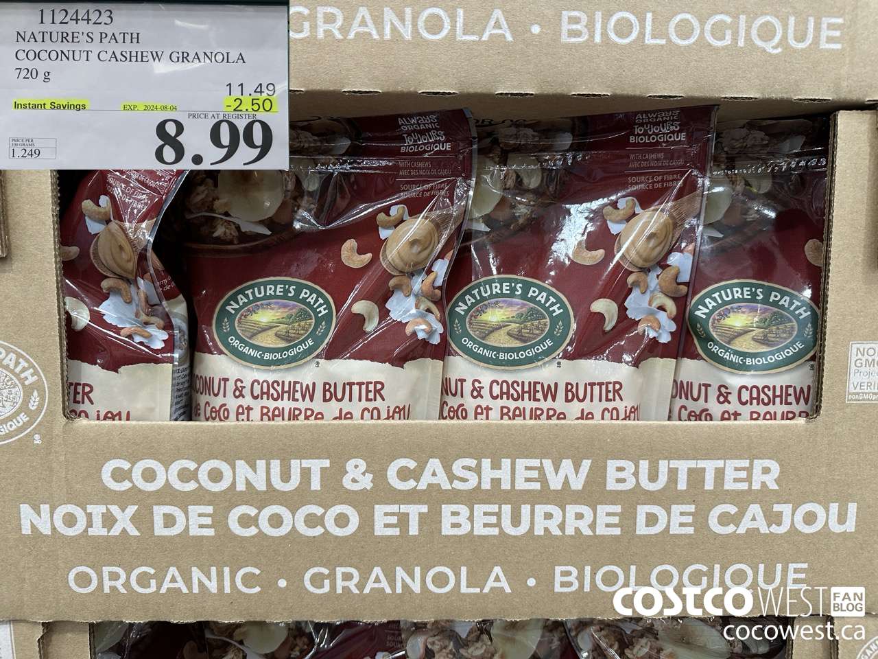 1124423 NATURE'S PATH COCONUT CASHEW GRANOLA 720 g ($2.50 INSTANT SAVINGS EXPIRES ON 2024-08-04) $8.99