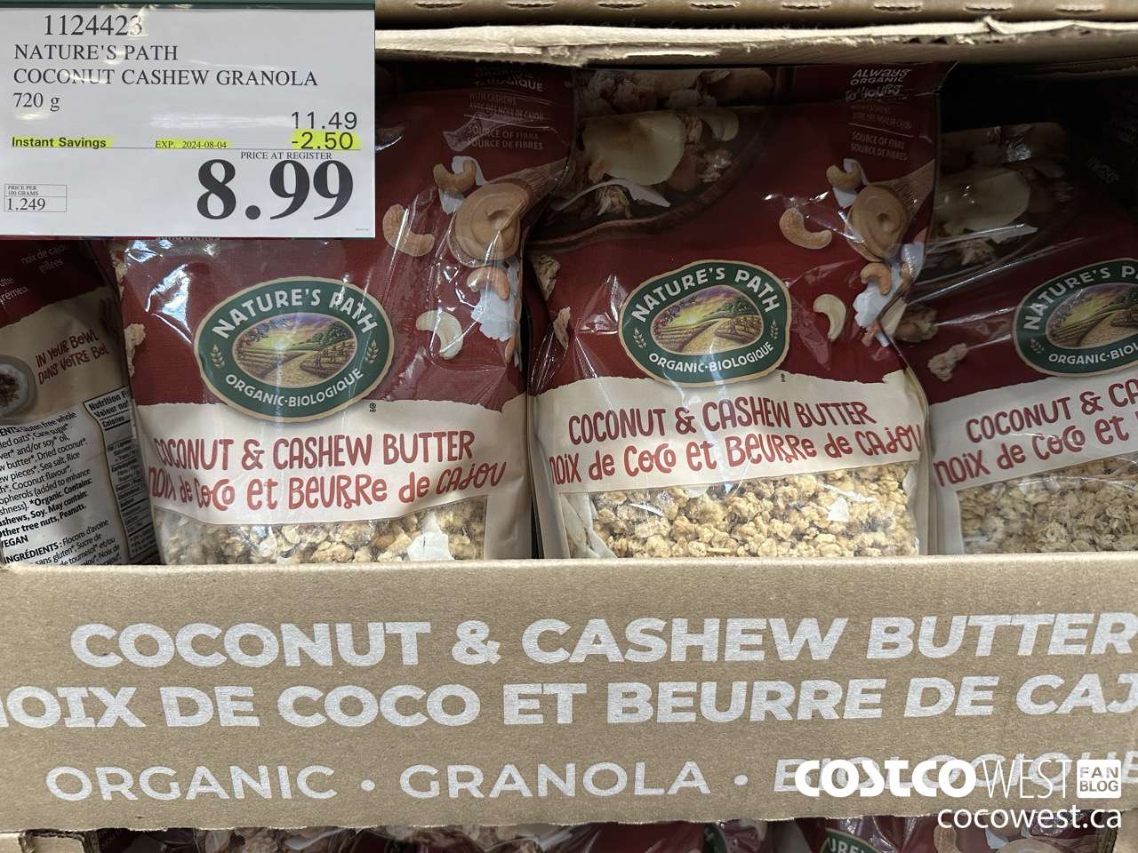 1124423 NATURE'S PATH COCONUT CASHEW GRANOLA 720 g ($2.50 INSTANT SAVINGS EXPIRES ON 2024-08-04) $8.99