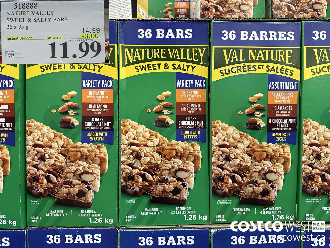 518888 NATURE VALLEY SWEET & SALTY BARS 36 X 35 G ($3.00 INSTANT SAVINGS EXPIRES ON 2024-08-11) $11.99