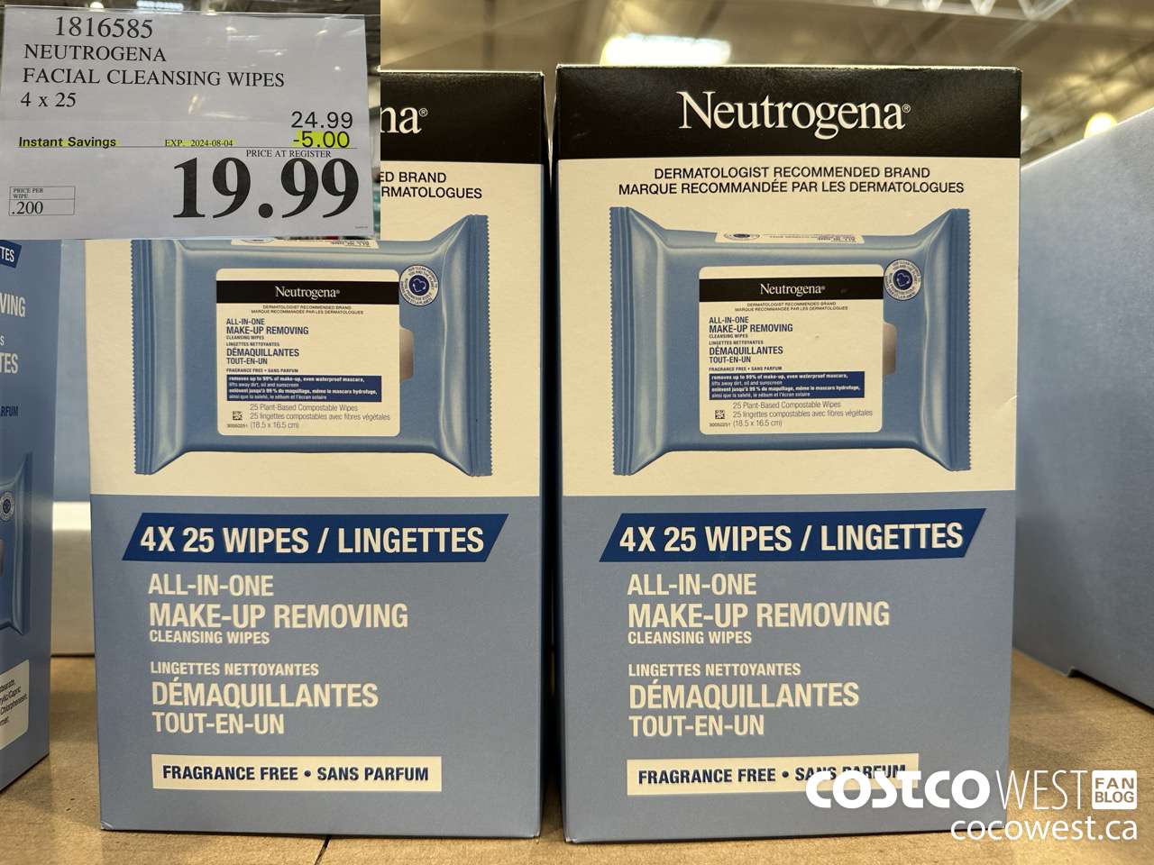 1816585 NEUTROGENA FACIAL CLEANSING WIPES 4 X 25 ($5.00 INSTANT SAVINGS EXPIRES ON 2024-08-04) $19.99