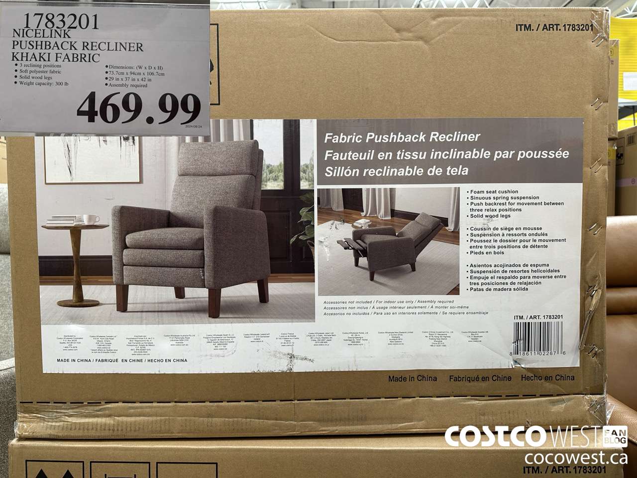 1783201 NICELINK PUSHBACK RECLINER KHAKI FABRIC $469.99