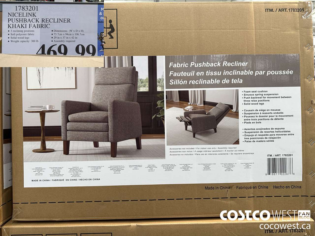 1783201 NICELINK PUSHBACK RECLINER KHAKI FABRIC $469.99