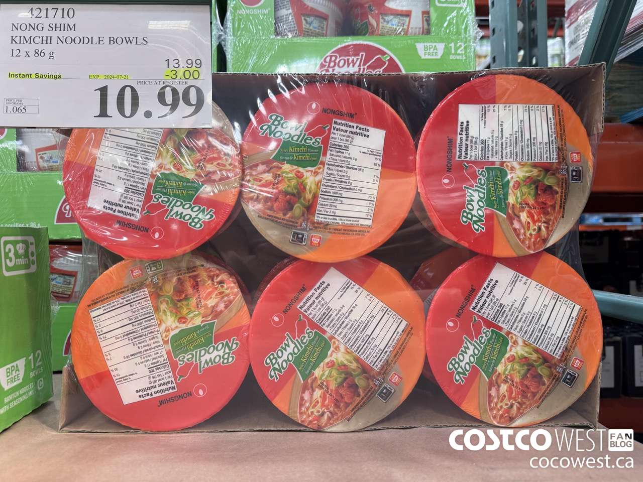 421710 NONG SHIM KIMCHI NOODLE BOWLS 12 x 86g ($3.00 INSTANT SAVINGS EXPIRES ON 2024-07-21) $10.99
