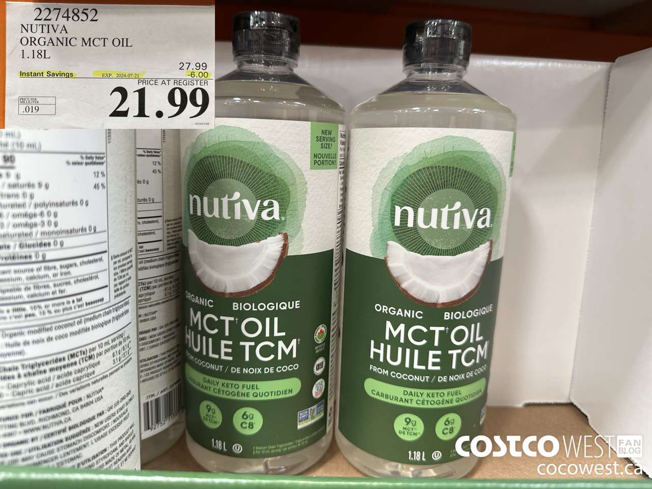 2274852 NUTIVA ORGANIC MCT OIL 1.18L ($6.00 INSTANT SAVINGS EXPIRES ON 2024-07-21) $21.99