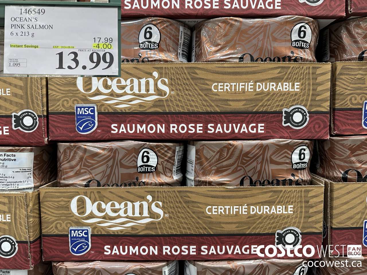 146549 OCEAN'S PINK SALMON 6 X 213 G ($4.00 INSTANT SAVINGS EXPIRES ON 2024-08-04) $13.99