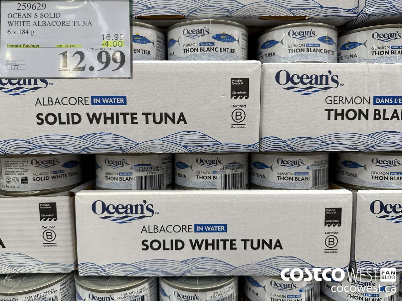 259629 OCEAN'S SOLID WHITE TUNA 6 X 184 G ($4.00 INSTANT SAVINGS EXPIRES ON 2024-09-01) $12.99