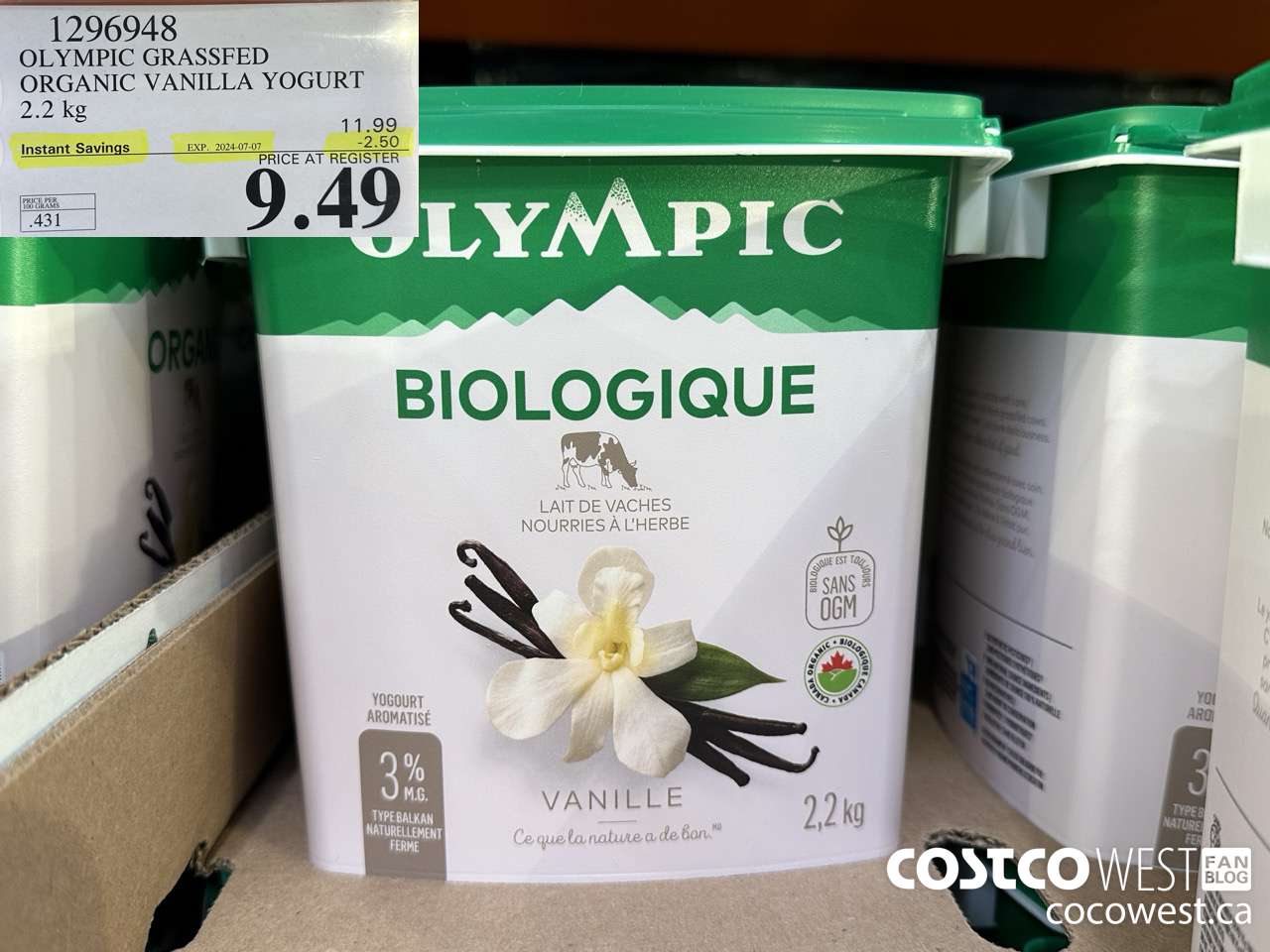 1296948 OLYMPIC GRASSFED ORGANIC VANILLA YOGURT 2.2KG ($2.50 INSTANT SAVINGS EXPIRES ON 2024-07-07) $9.49