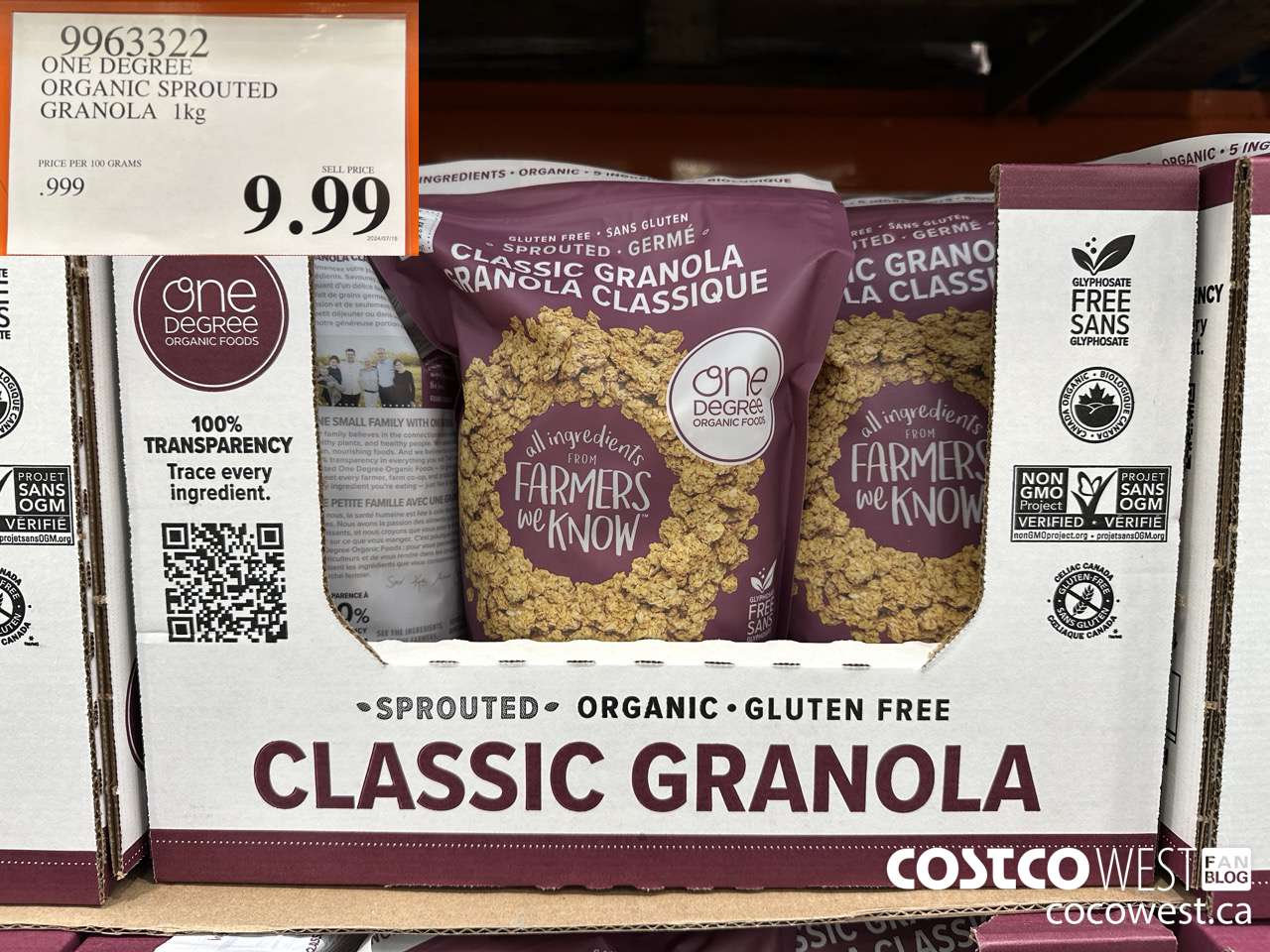 9963322 ONE DEGREE ORGANIC SPROUTED GRANOLA 1KG $9.99