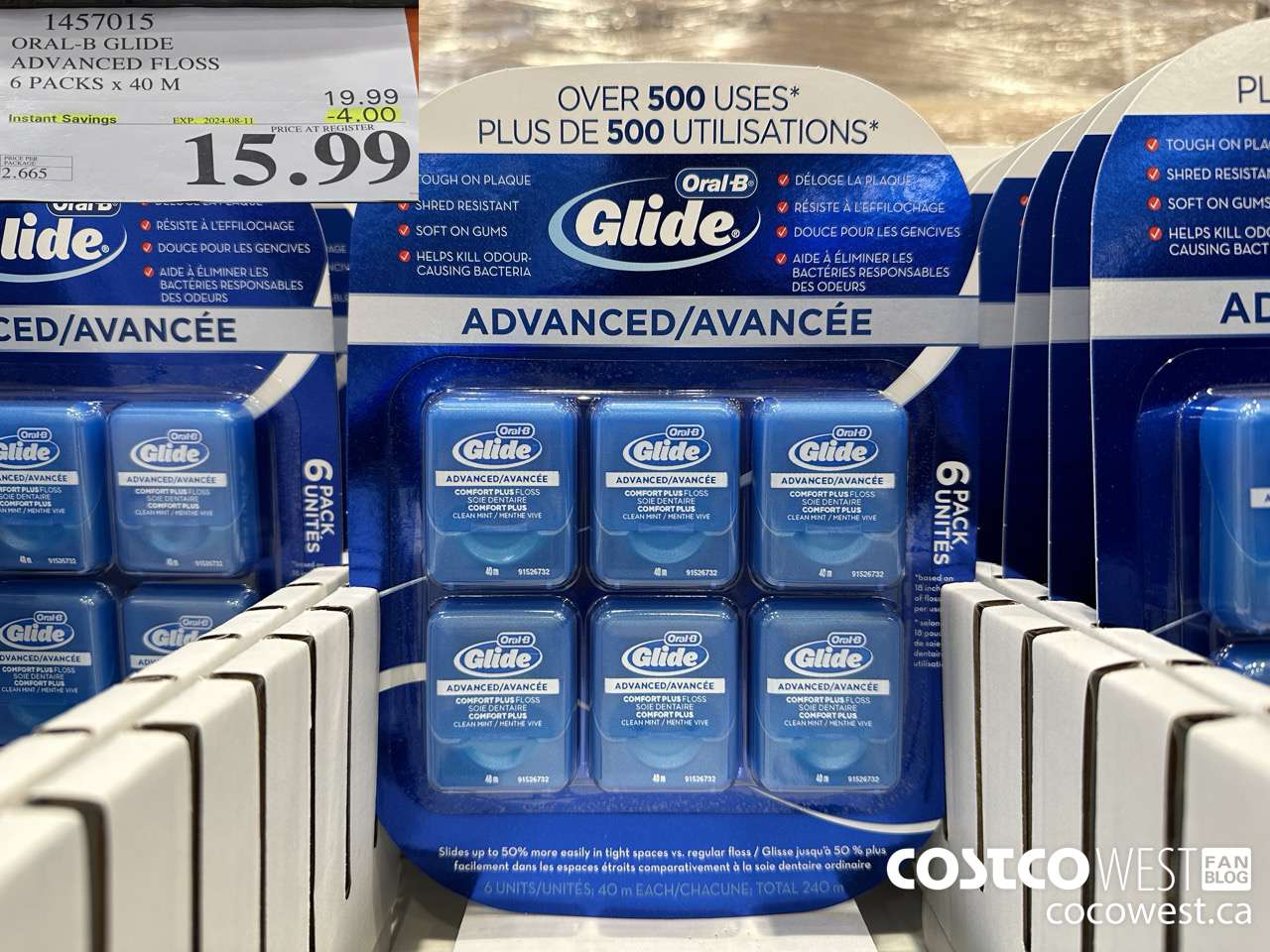 1457015 ORAL-B GLIDE ADVANCED FLOSS 6 PACKS x 40 M ($4.00 INSTANT SAVINGS EXPIRES ON 2024-08-11) $15.99