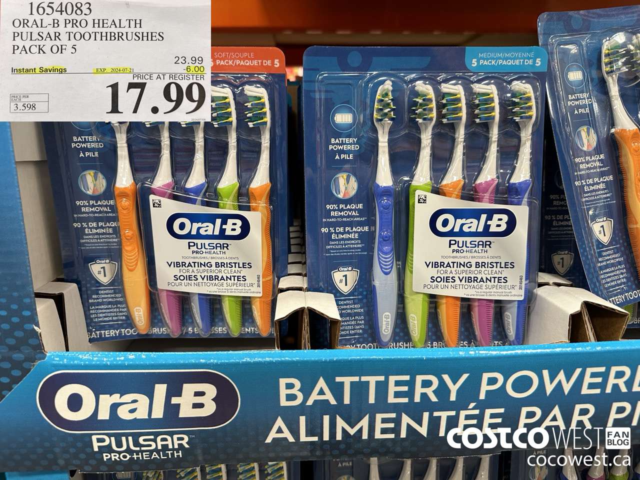 1654083 ORAL-B PRO HEALTH TOOTHBRUSHES PACK OF 5 ($6.00 INSTANT SAVINGS EXPIRES ON 2024-07-21) $17.99