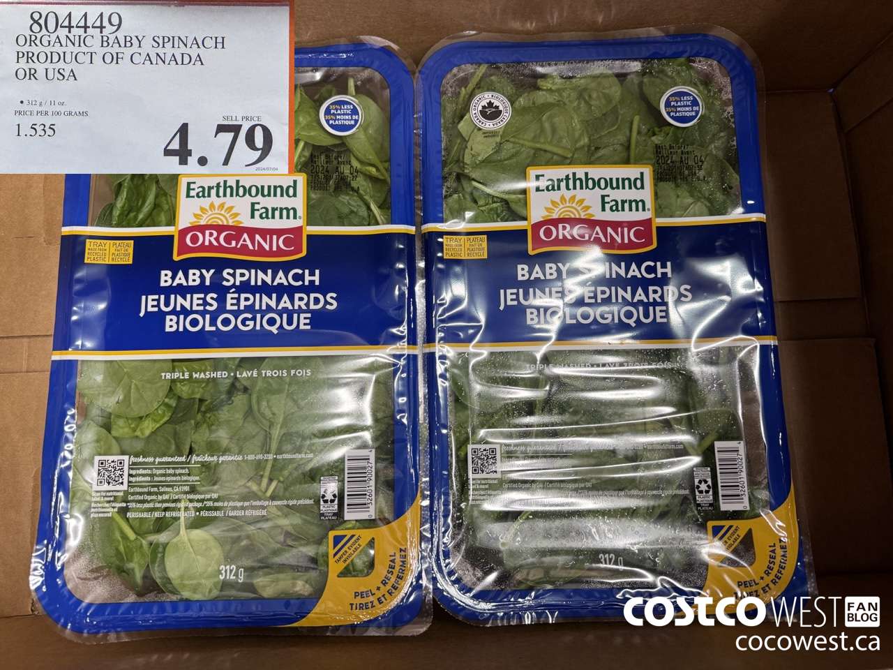 804449 ORGANIC BABY SPINACH PRODUCT OF CANADA OR USA $4.79