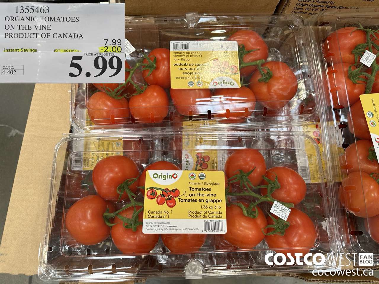 1355463 ORGANIC TOMATOES ON THE VINE PRODUCT OF CANADA ($2.00 INSTANT SAVINGS EXPIRES ON 2024-08-04) $5.99