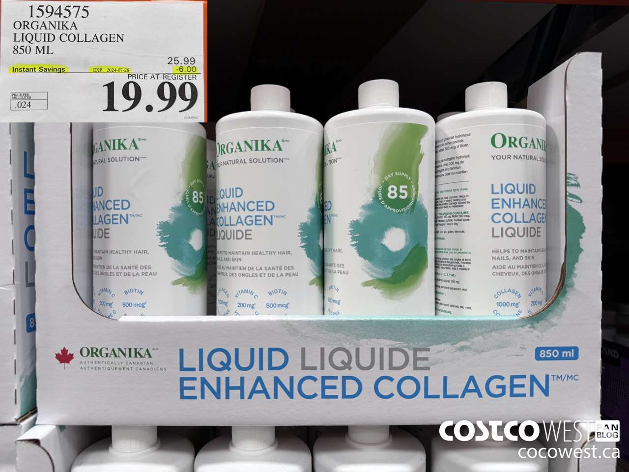 1594575 ORGANIKA LIQUID COLLAGEN 850 ML ($6.00 INSTANT SAVINGS EXPIRES ON 2024-07-28) $19.99