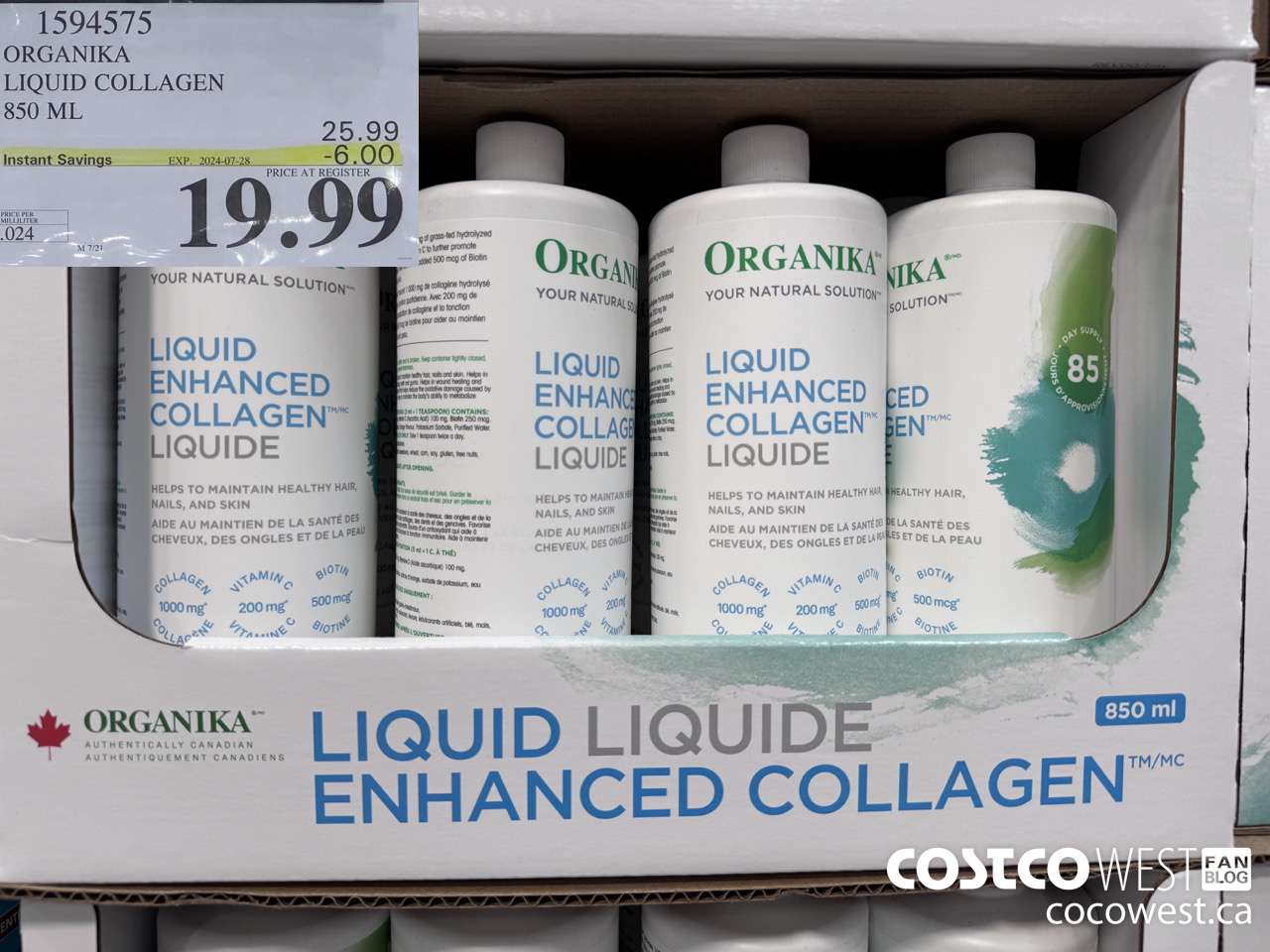 1594575 ORGANIKA LIQUID COLLAGEN 850 ML ($6.00 INSTANT SAVINGS EXPIRES ON 2024-07-28) $19.99