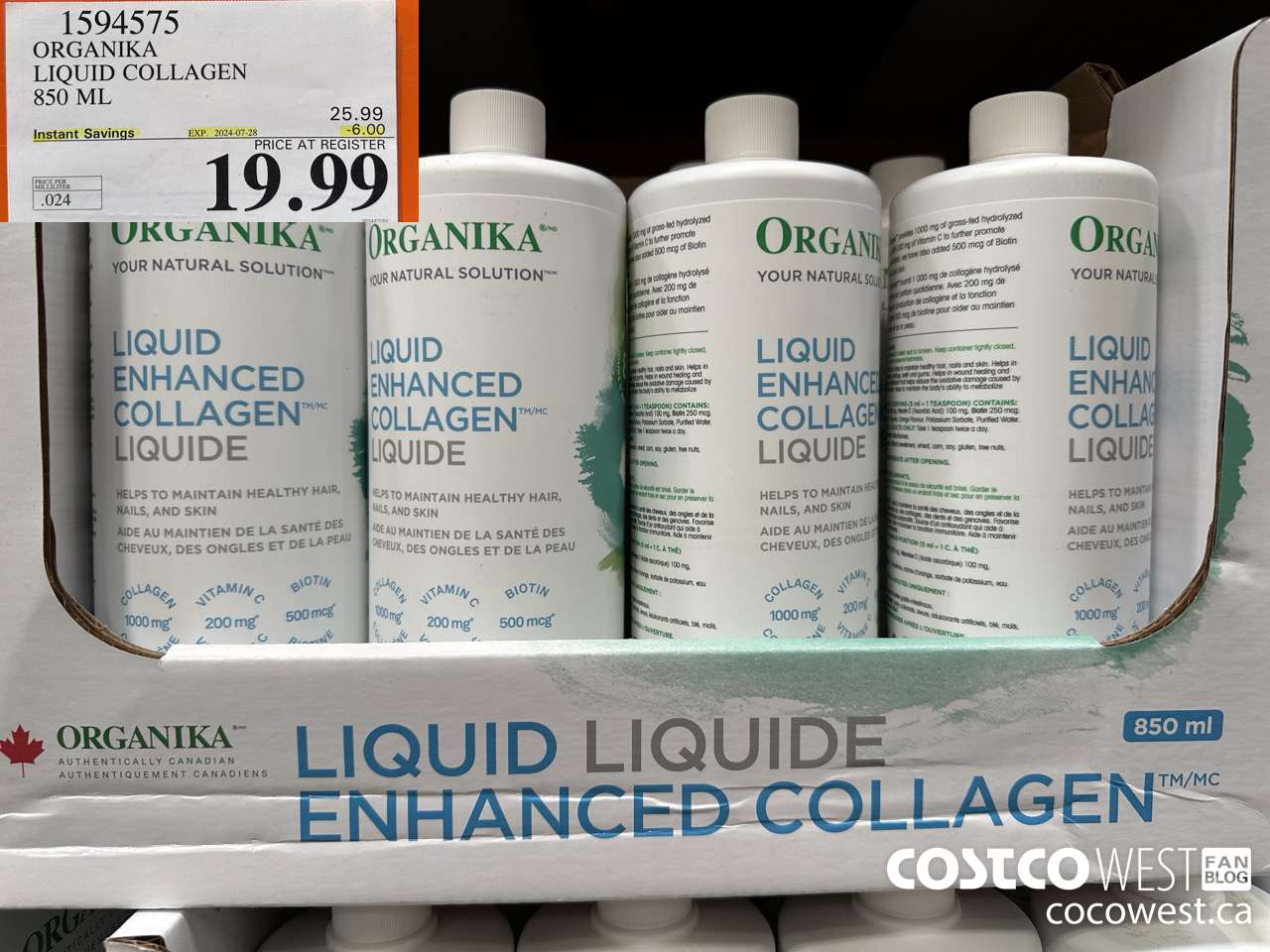 1594575 ORGANIKA LIQUID COLLAGEN 850 ML ($6.00 INSTANT SAVINGS EXPIRES ON 2024-07-28) $19.99