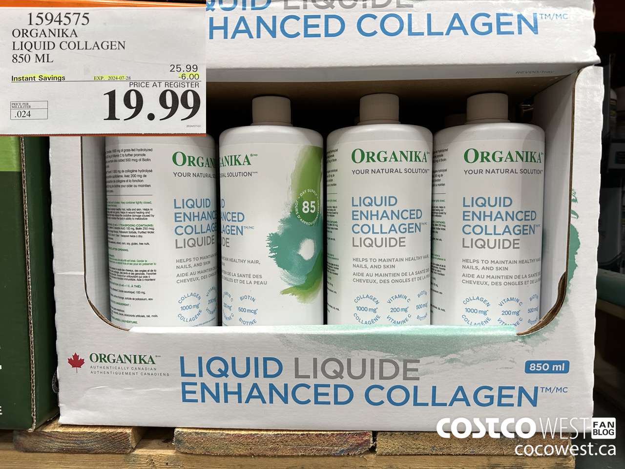 1594575 ORGANIKA LIQUID COLLAGEN 850 ML ($6.00 INSTANT SAVINGS EXPIRES ON 2024-07-28) $19.99