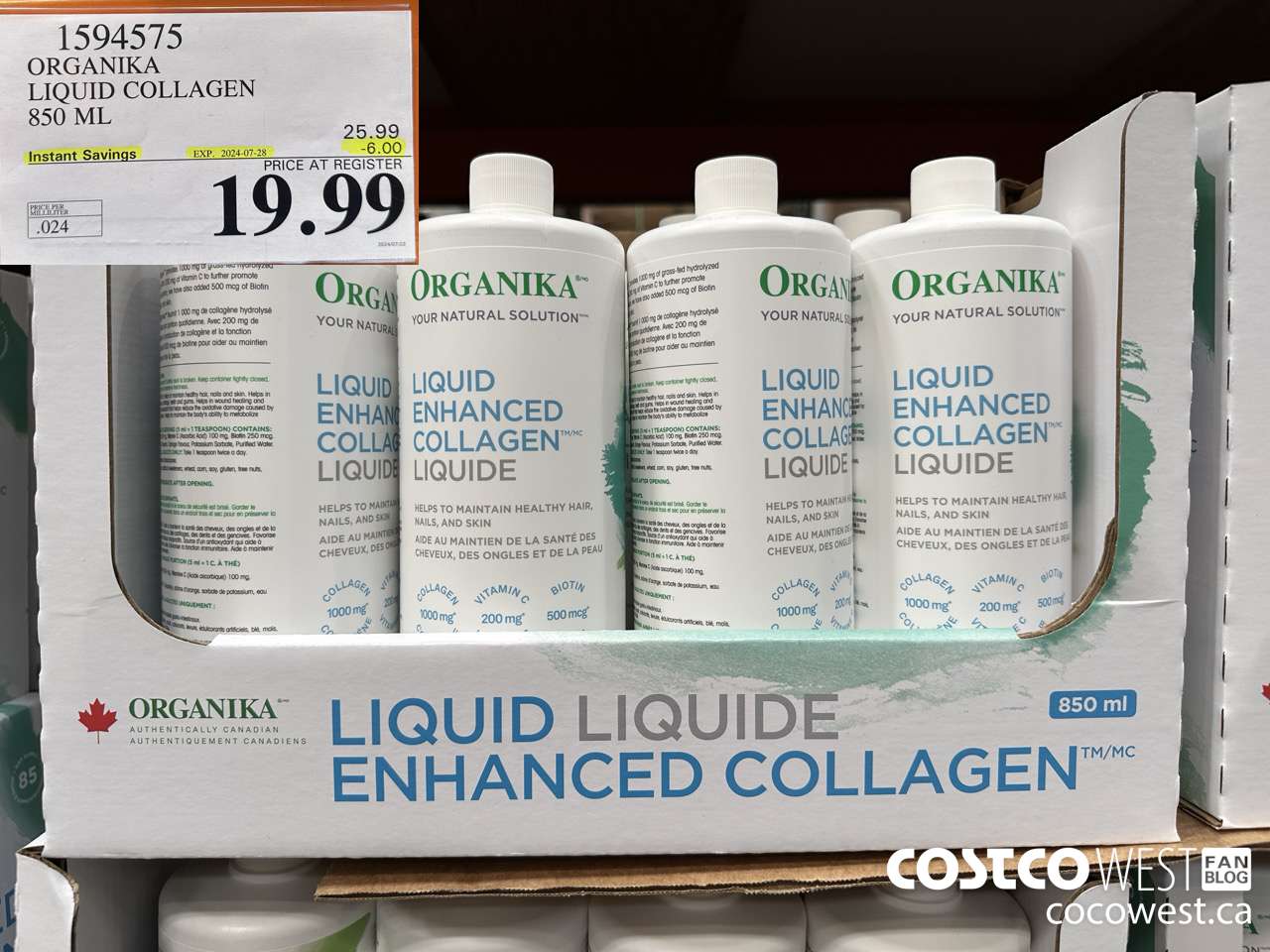 1594575 ORGANIKA LIQUID COLLAGEN 850 ML ($6.00 INSTANT SAVINGS EXPIRES ON 2024-07-28) $19.99