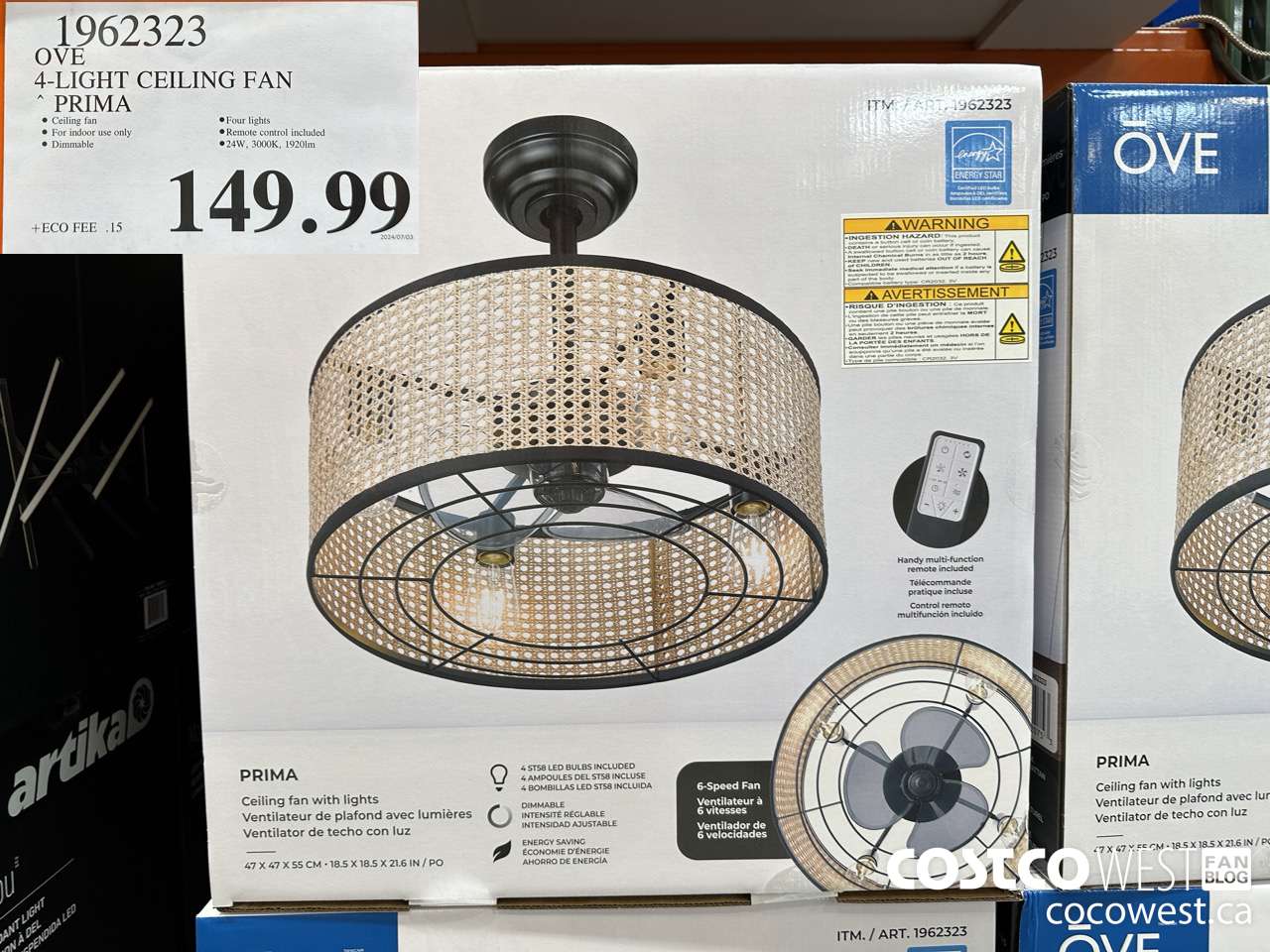 1962323 OVE 4-LIGHT CEILING FAN PRIMA $149.99