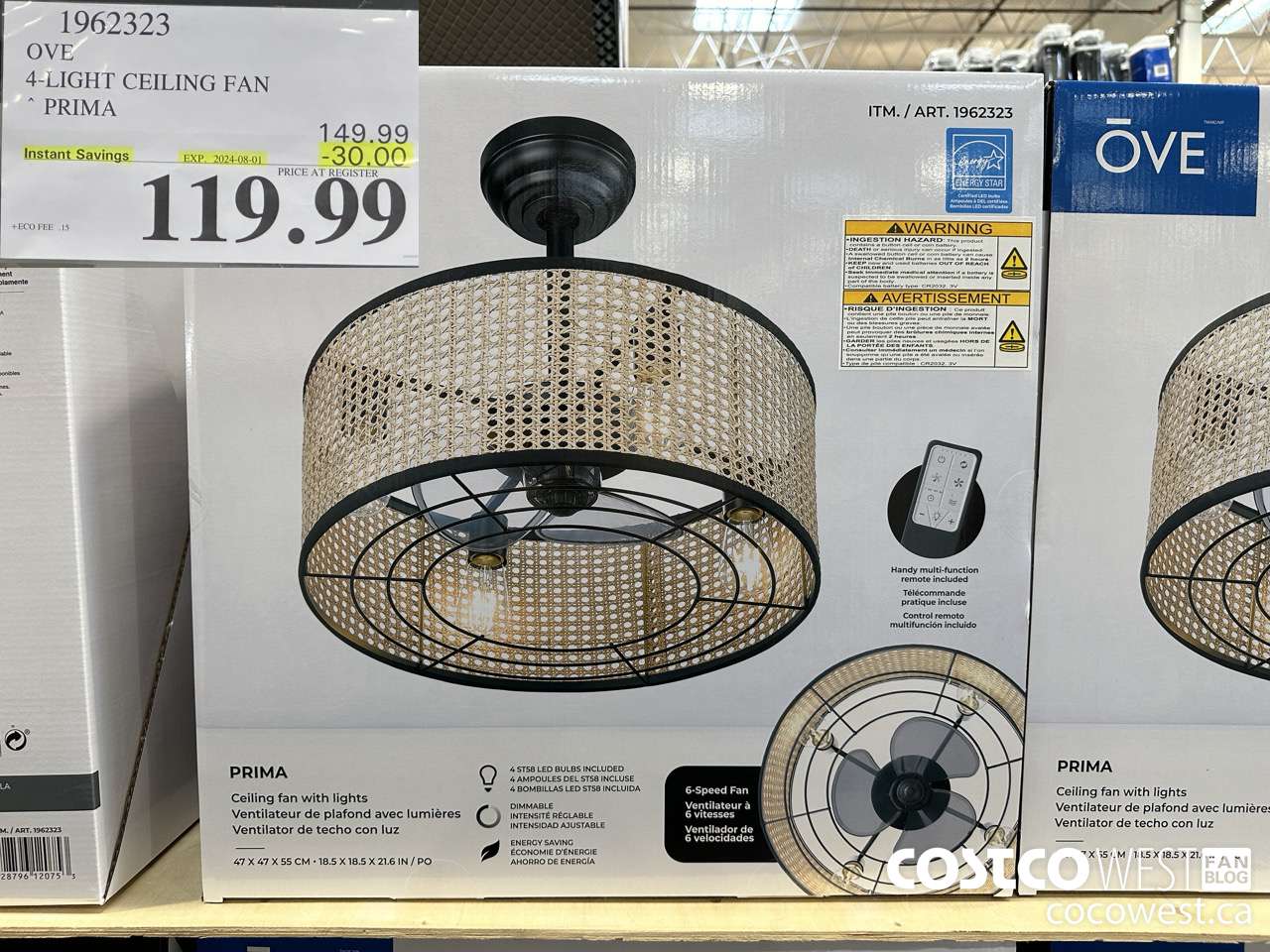 1962323 OVE 4-LIGHT CEILING FAN PRIMA ($30.00 INSTANT SAVINGS EXPIRES ON 2024-08-01) $119.99